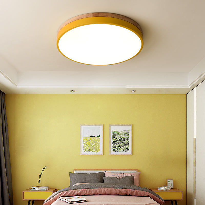 Round LED Ceiling Light with Wood Finish | Modern Bedroom Living Room Lamp