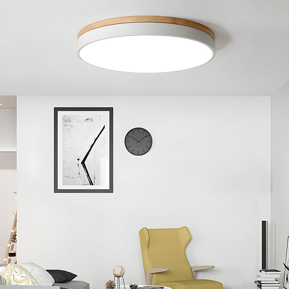 Round LED Ceiling Light with Wood Finish | Modern Bedroom Living Room Lamp