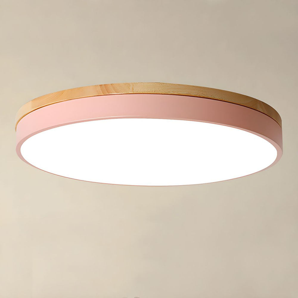 Round LED Ceiling Light with Wood Finish | Modern Bedroom Living Room Lamp