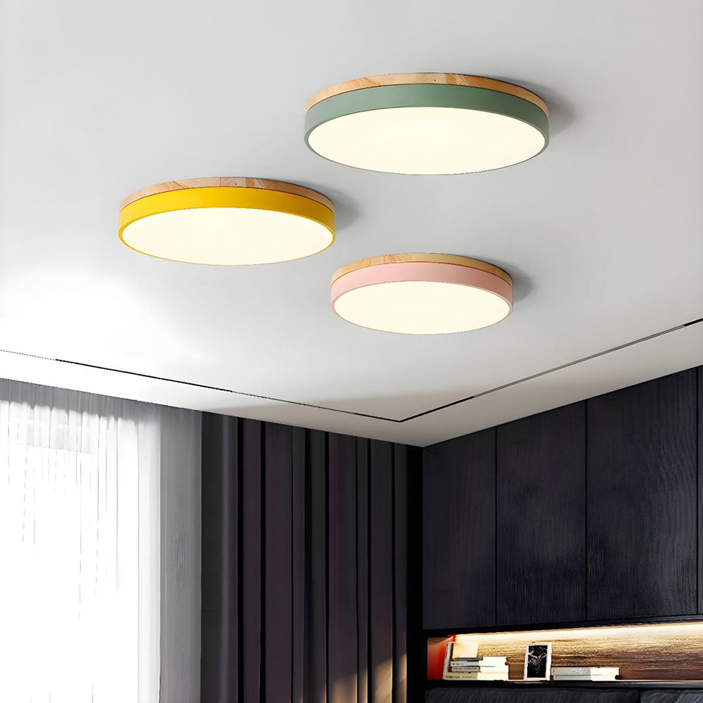 Round LED Ceiling Light with Wood Finish | Modern Bedroom Living Room Lamp