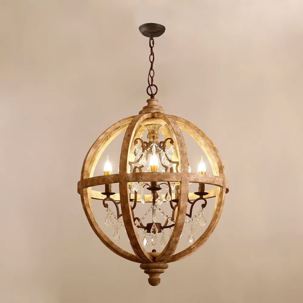 Rustic Globe Chandelier with Candle Lights | Vintage Ceiling Light Fixture