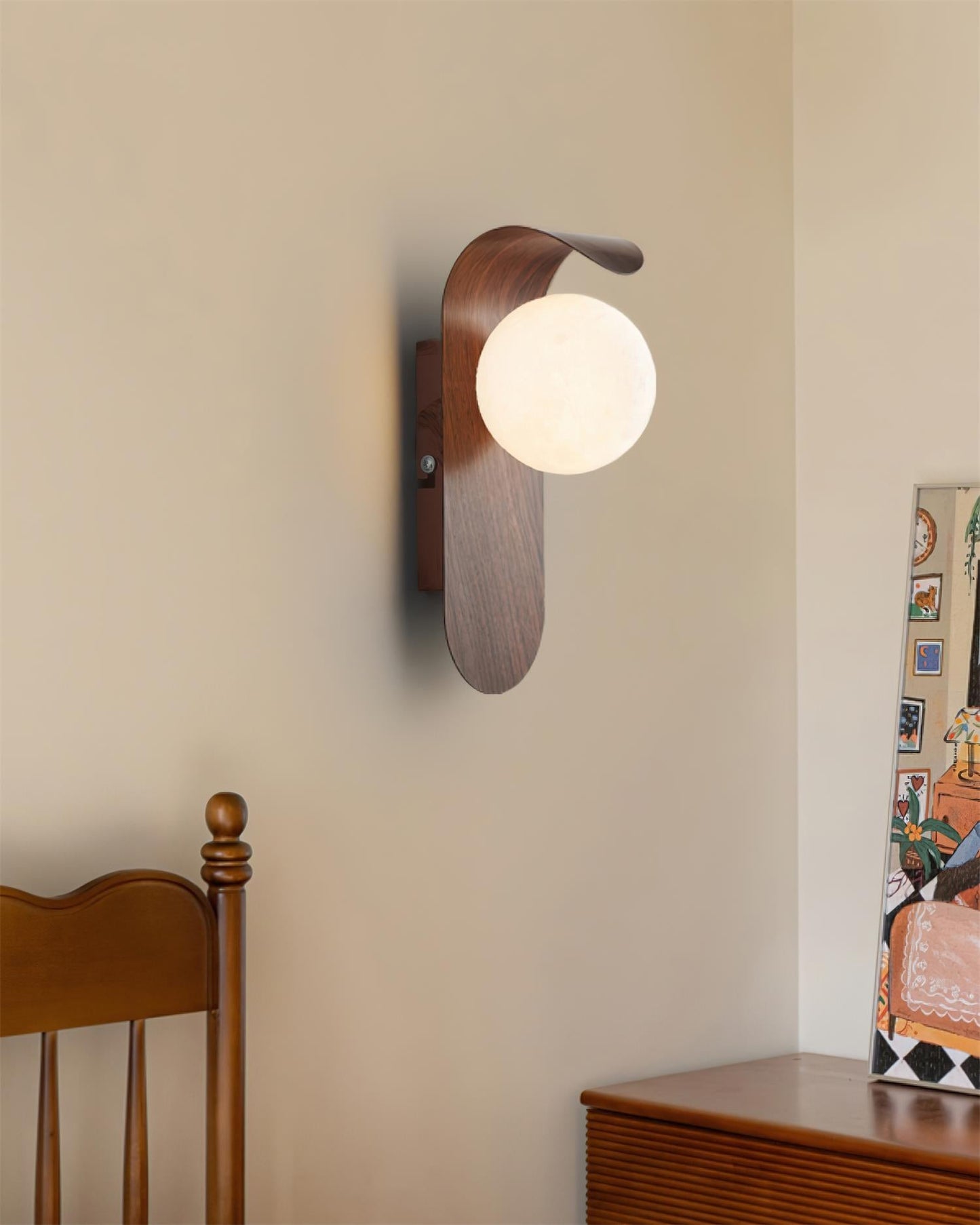 Modern Wood Wall Lamp | Curved Globe Sconce for Living Room or Bedroom