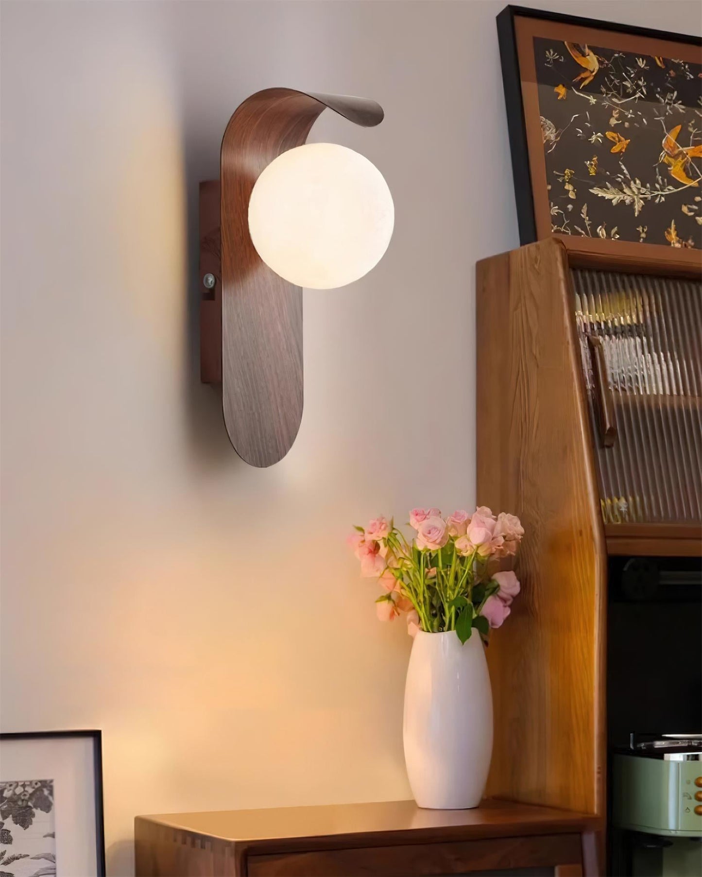 Modern Wood Wall Lamp | Curved Globe Sconce for Living Room or Bedroom