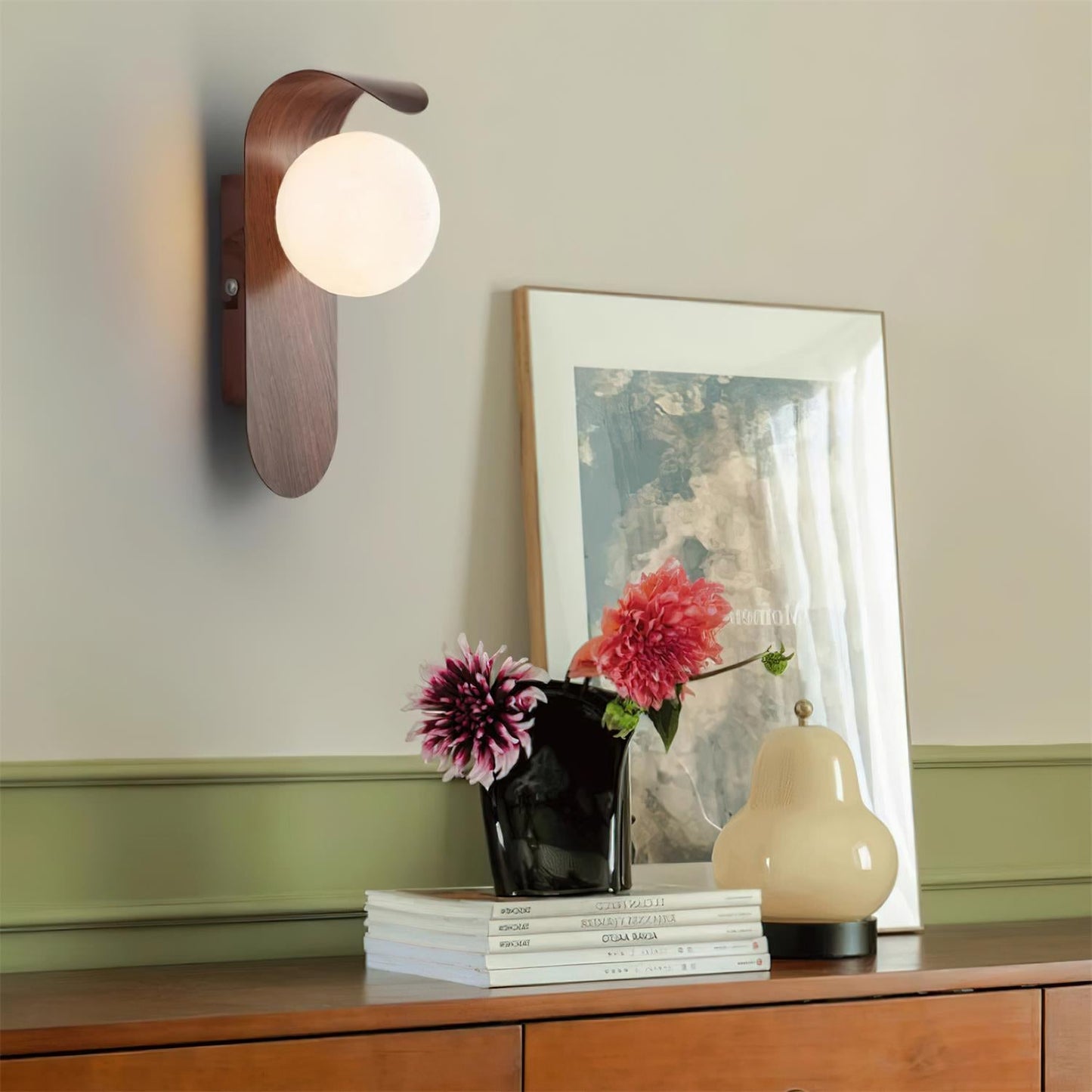 Modern Wood Wall Lamp | Curved Globe Sconce for Living Room or Bedroom