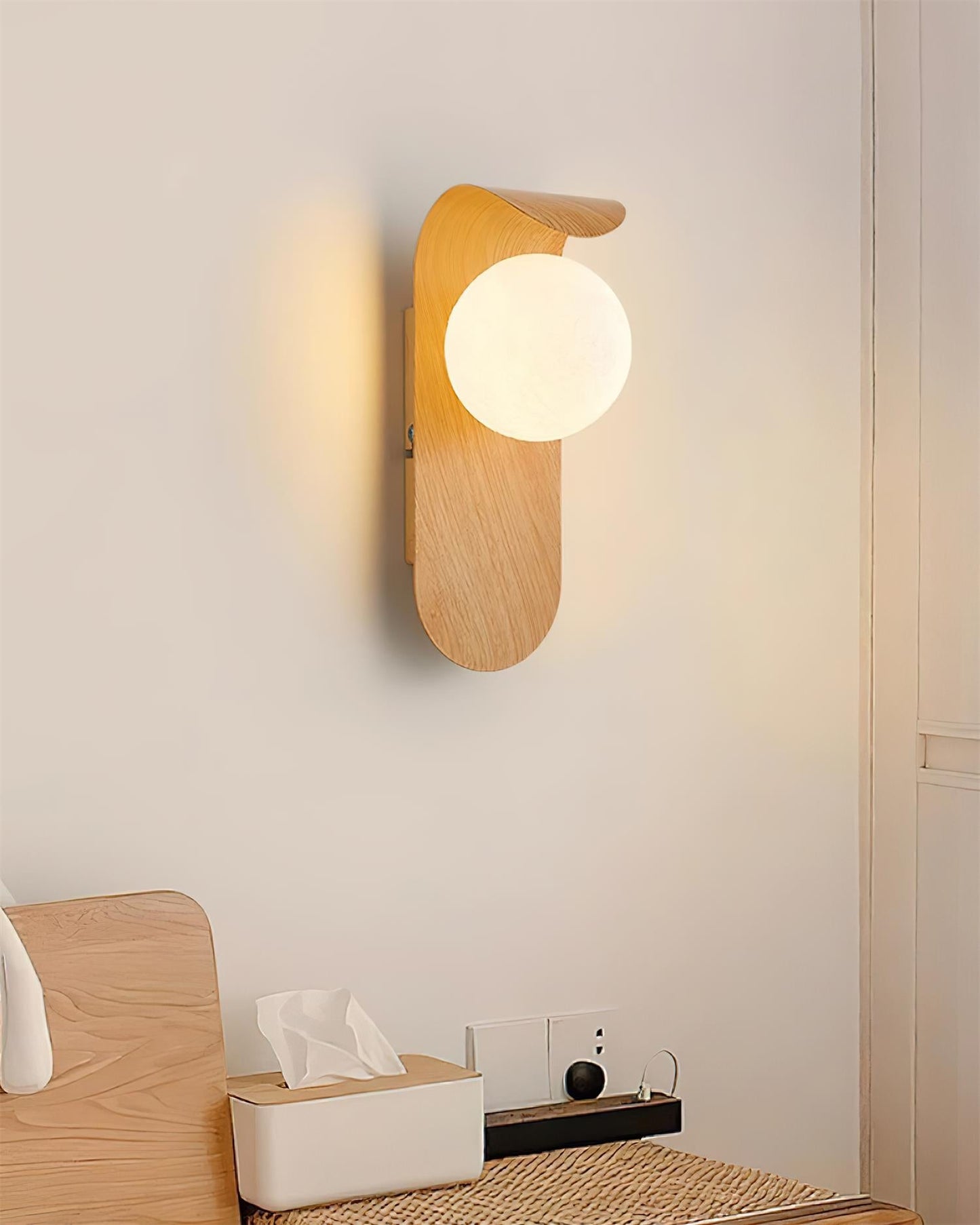 Modern Wood Wall Lamp | Curved Globe Sconce for Living Room or Bedroom
