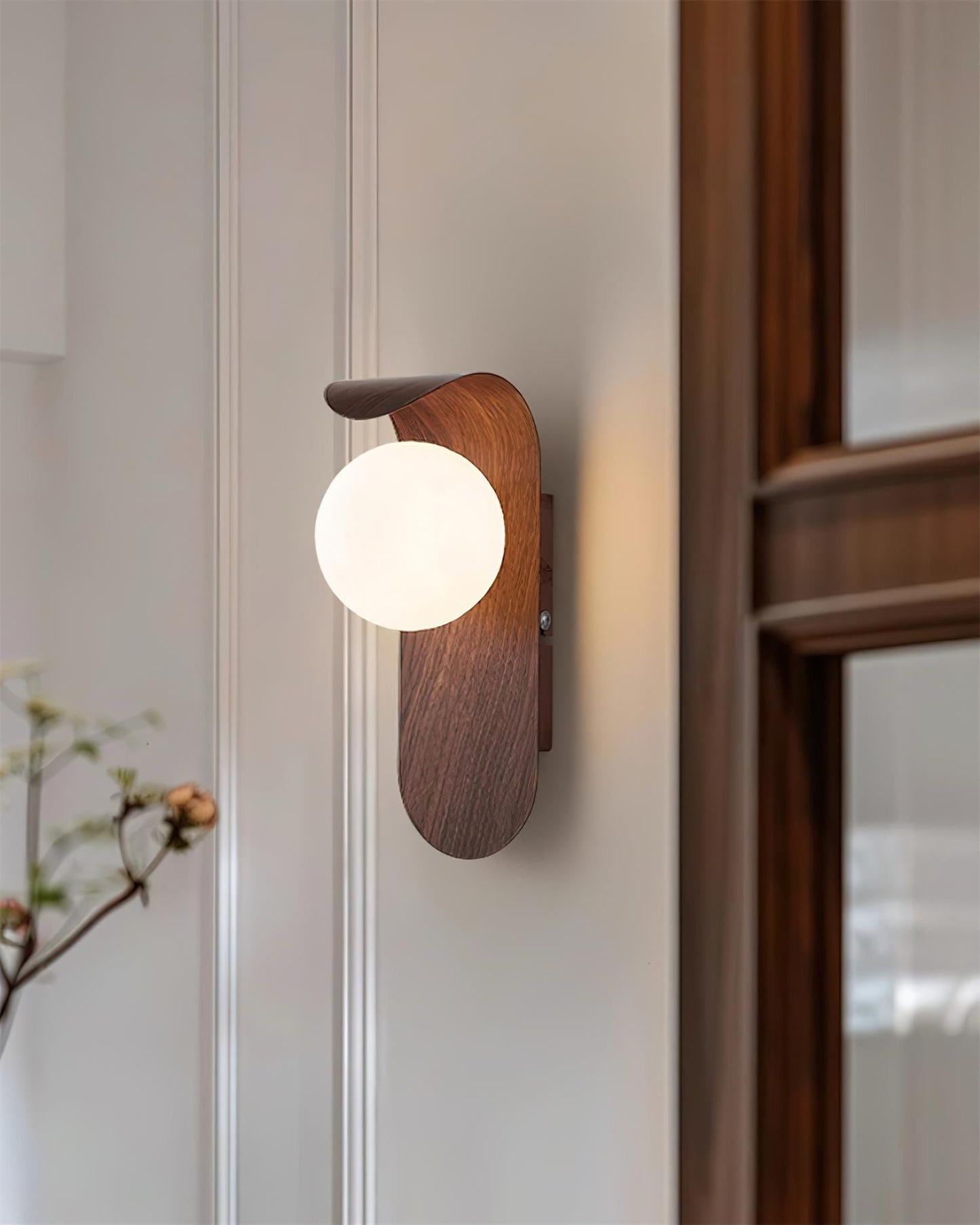 Modern Wood Wall Lamp | Curved Globe Sconce for Living Room or Bedroom