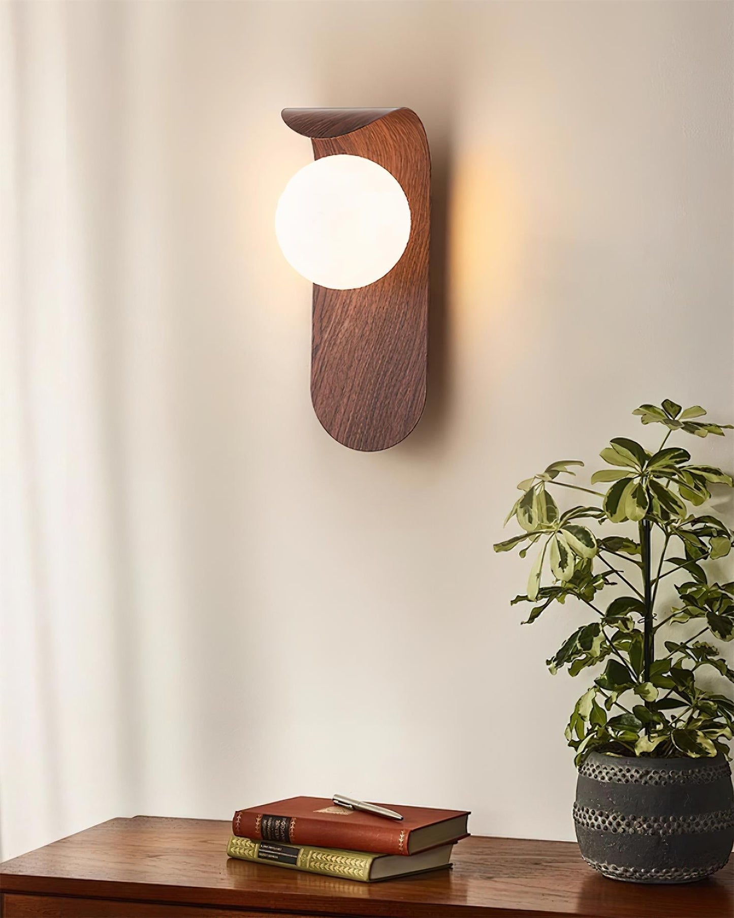 Modern Wood Wall Lamp | Curved Globe Sconce for Living Room or Bedroom