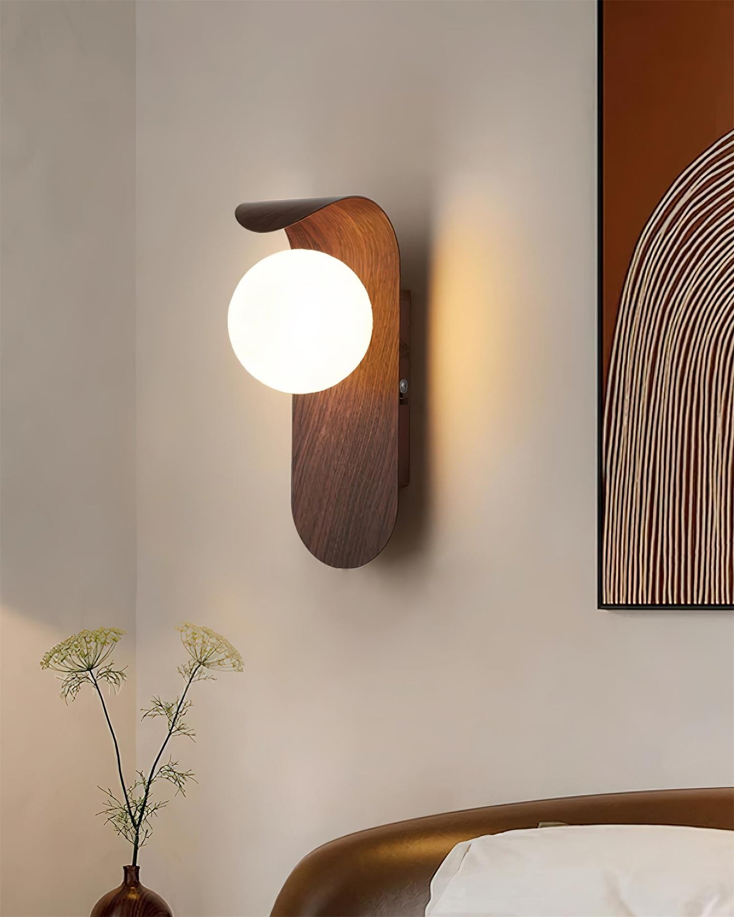 Modern Wood Wall Lamp | Curved Globe Sconce for Living Room or Bedroom