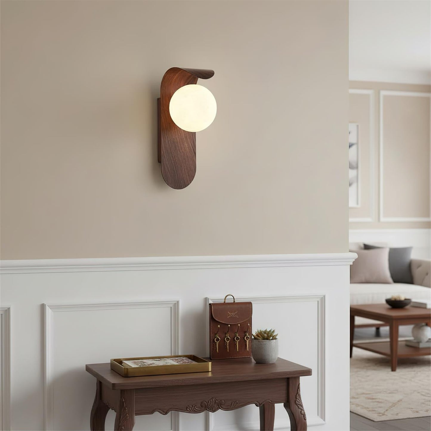 Modern Wood Wall Lamp | Curved Globe Sconce for Living Room or Bedroom