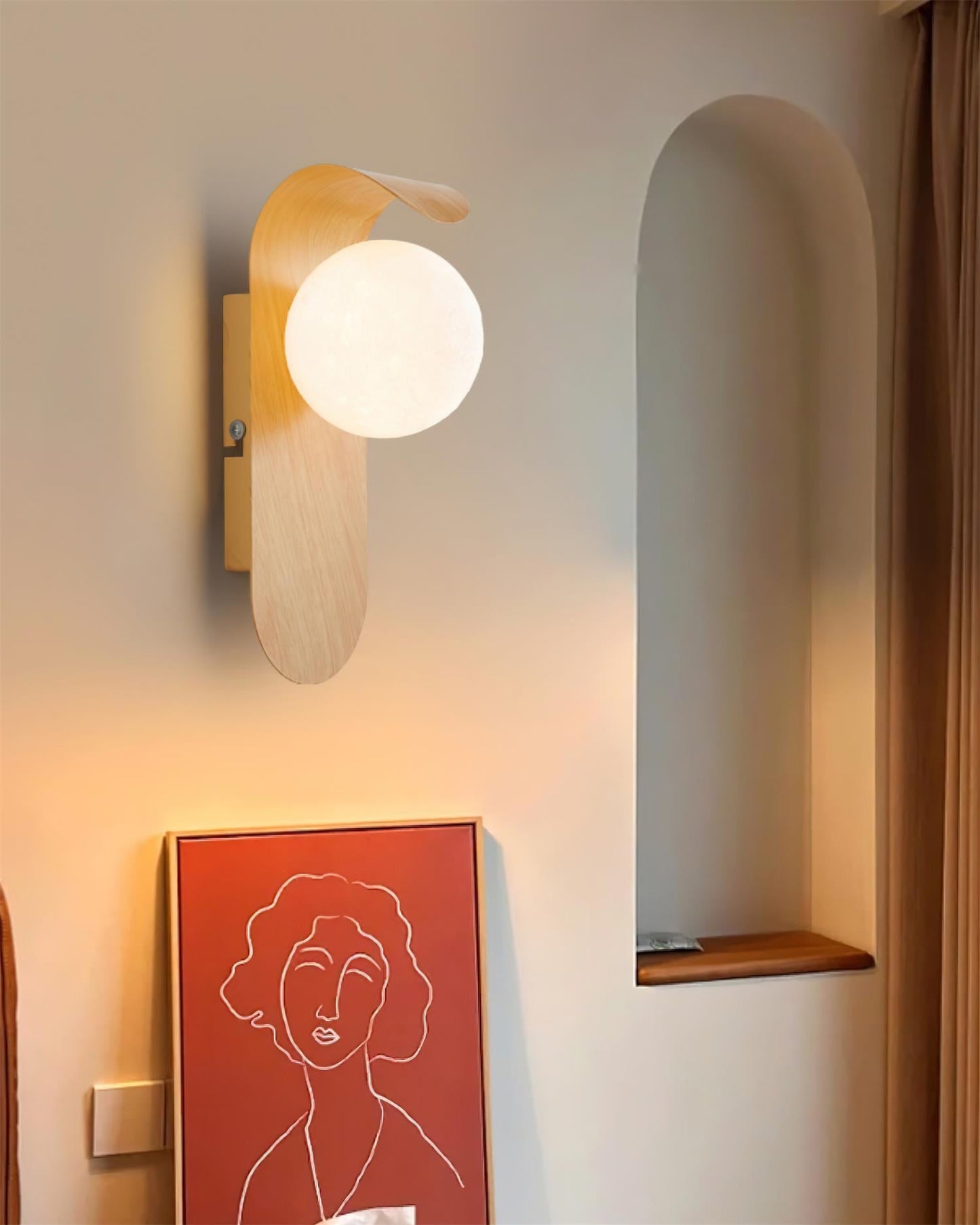 Modern Wood Wall Lamp | Curved Globe Sconce for Living Room or Bedroom