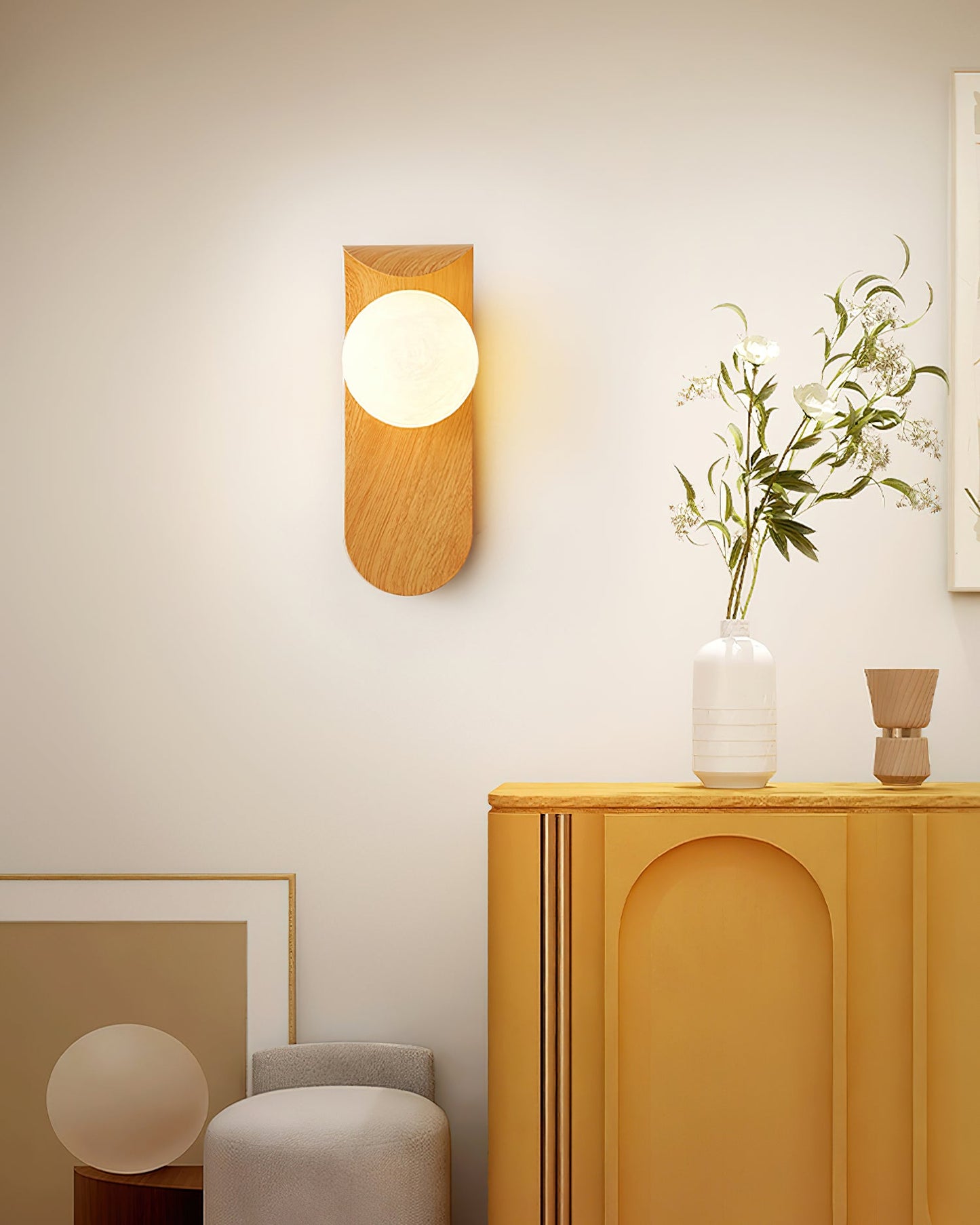 Modern Wood Wall Lamp | Curved Globe Sconce for Living Room or Bedroom