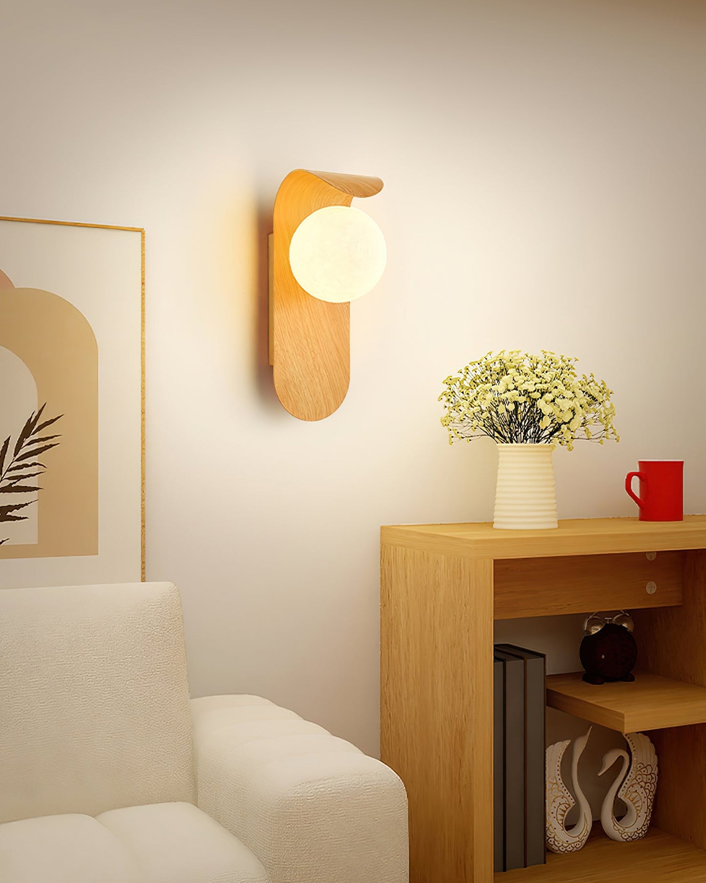 Modern Wood Wall Lamp | Curved Globe Sconce for Living Room or Bedroom