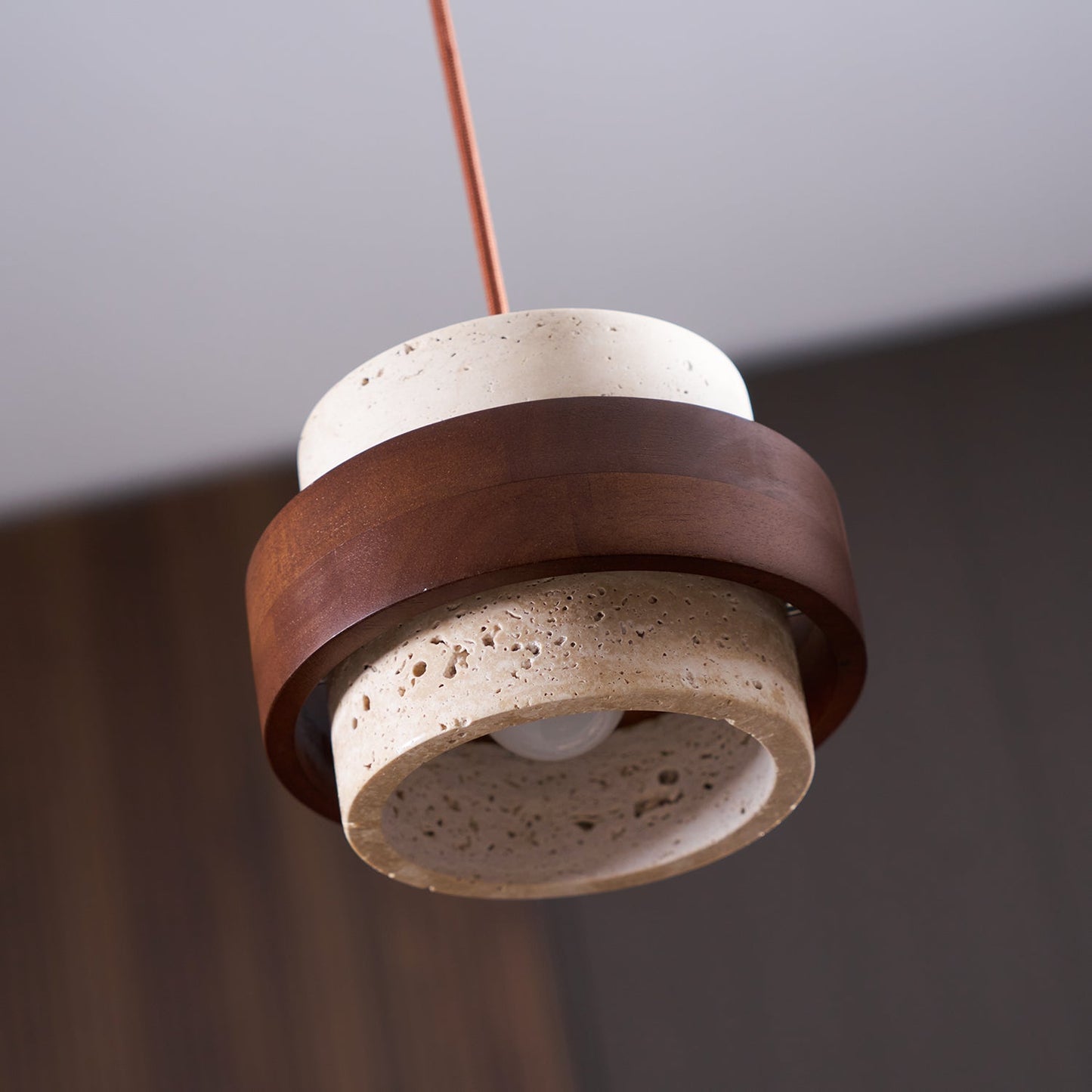 Modern Stone and Wood Pendant Light | Natural Travertine Ceiling Lamp