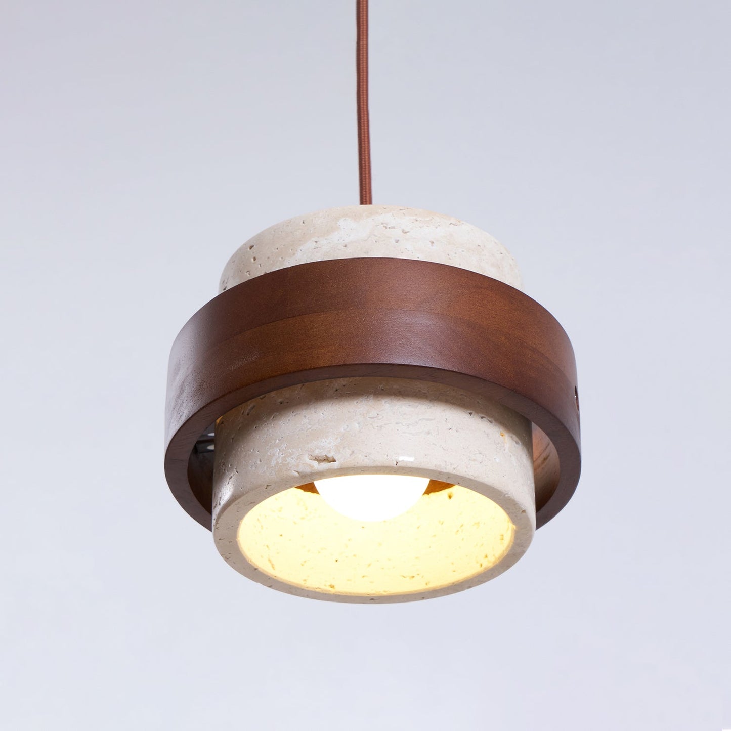 Modern Stone and Wood Pendant Light | Natural Travertine Ceiling Lamp