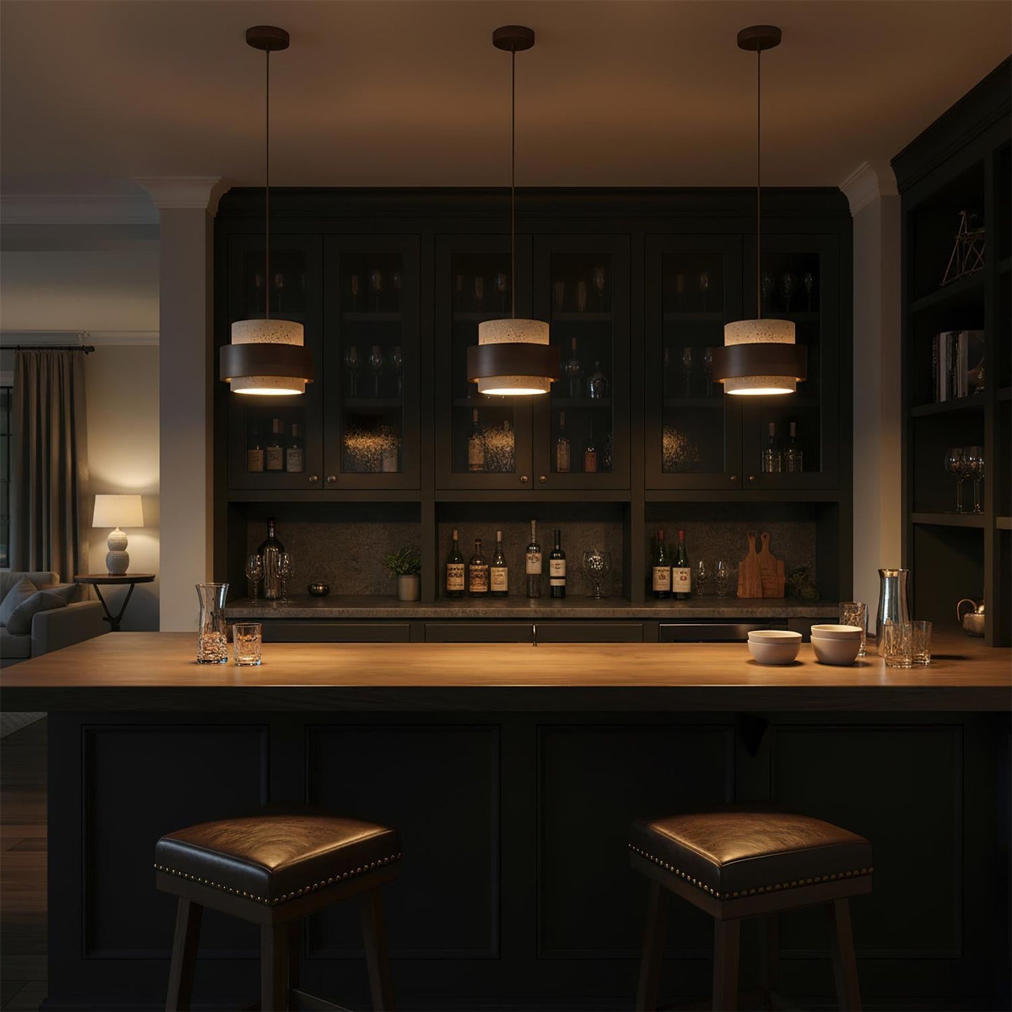 Modern Stone and Wood Pendant Light | Natural Travertine Ceiling Lamp