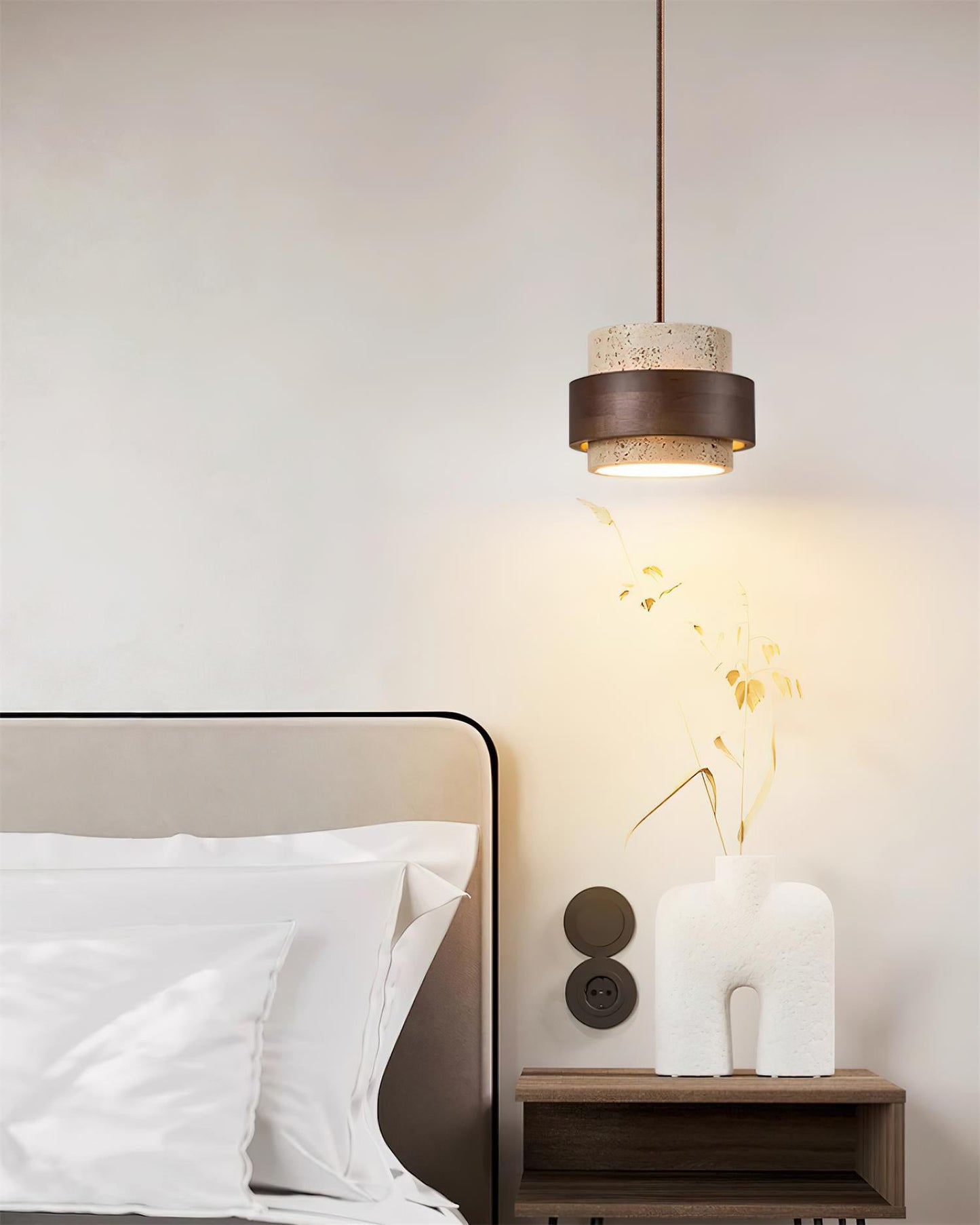 Modern Stone and Wood Pendant Light | Natural Travertine Ceiling Lamp