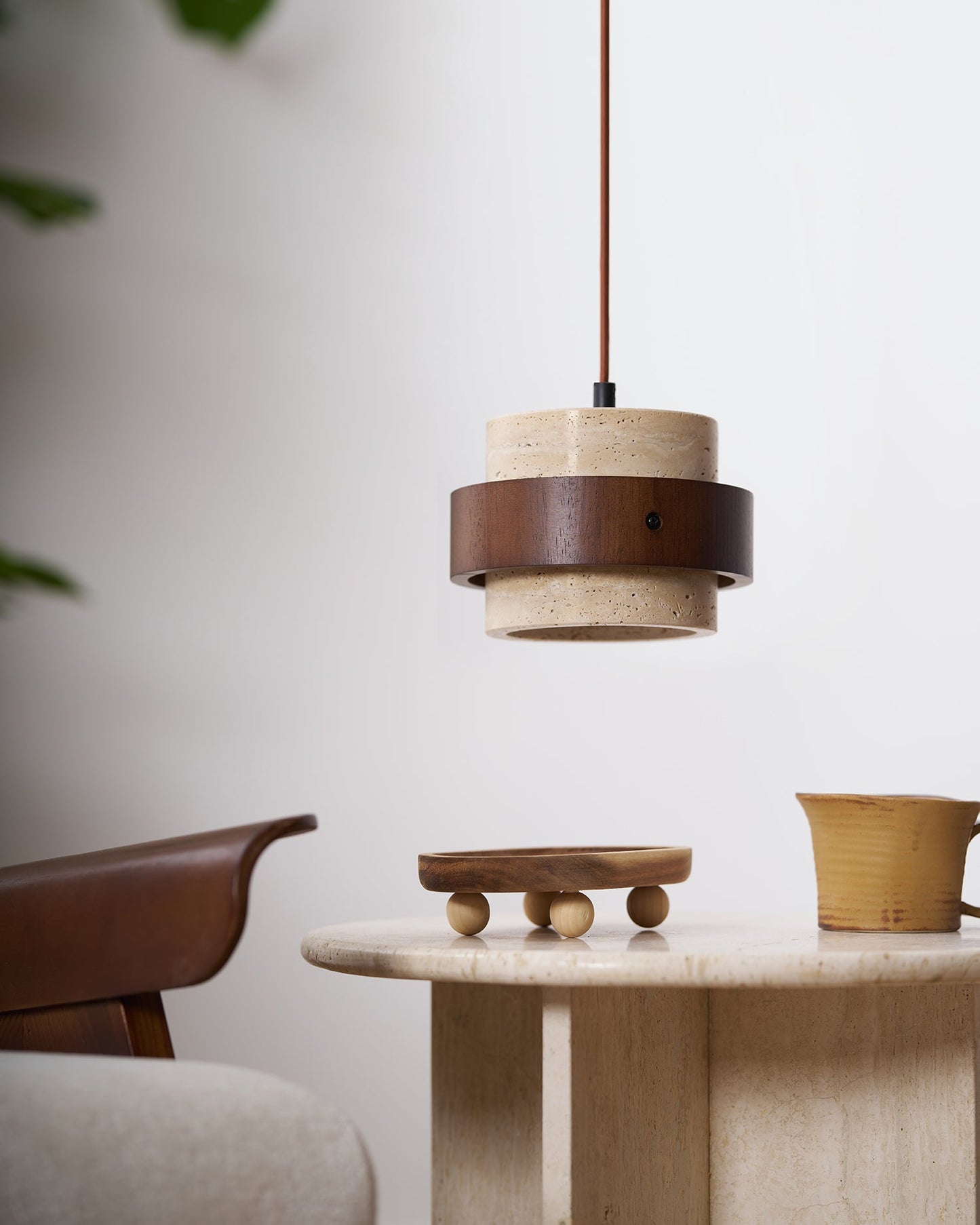 Modern Stone and Wood Pendant Light | Natural Travertine Ceiling Lamp
