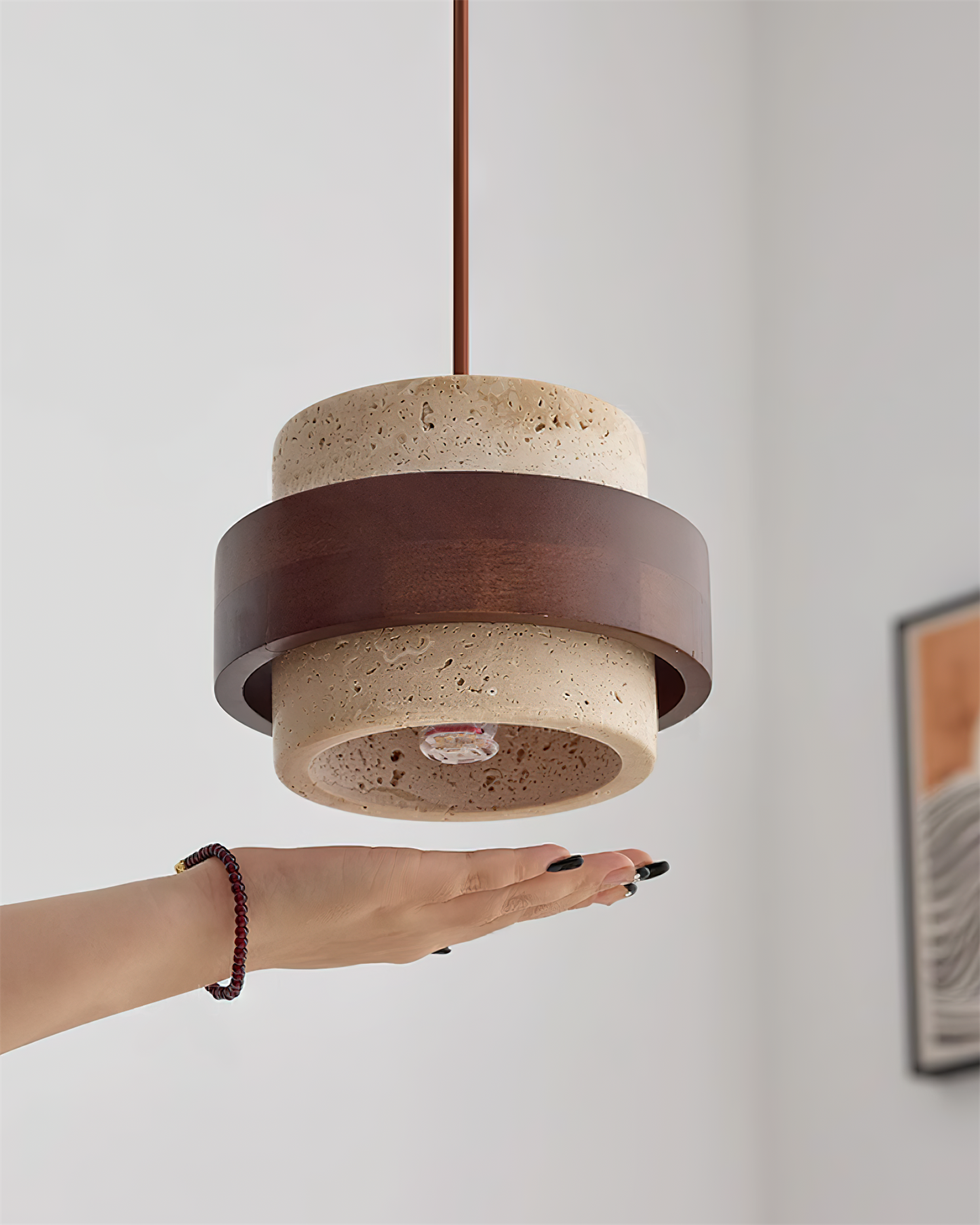 Modern Stone and Wood Pendant Light | Natural Travertine Ceiling Lamp
