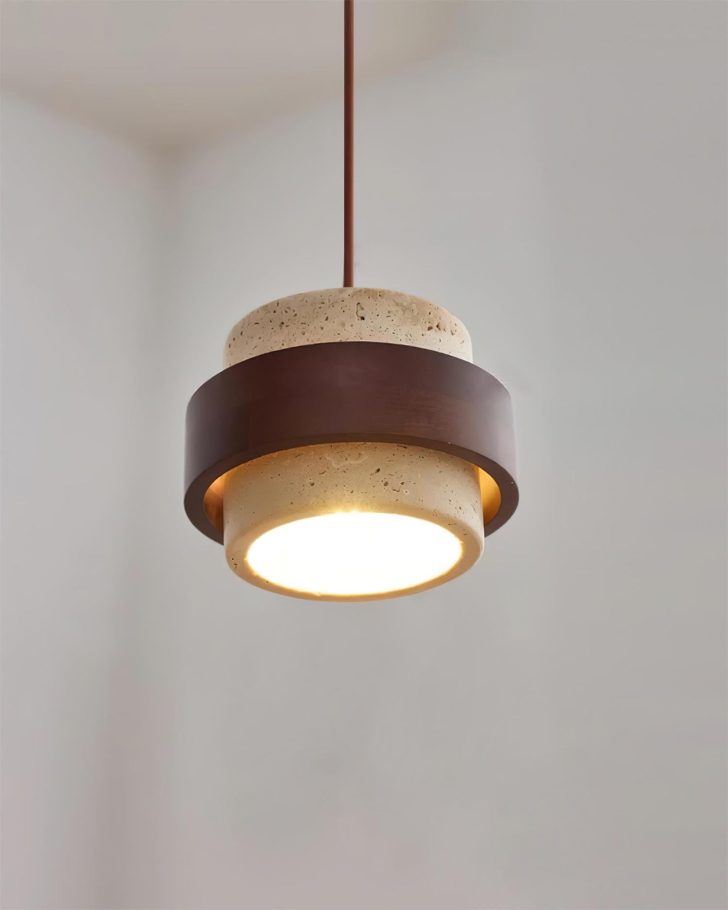 Modern Stone and Wood Pendant Light | Natural Travertine Ceiling Lamp