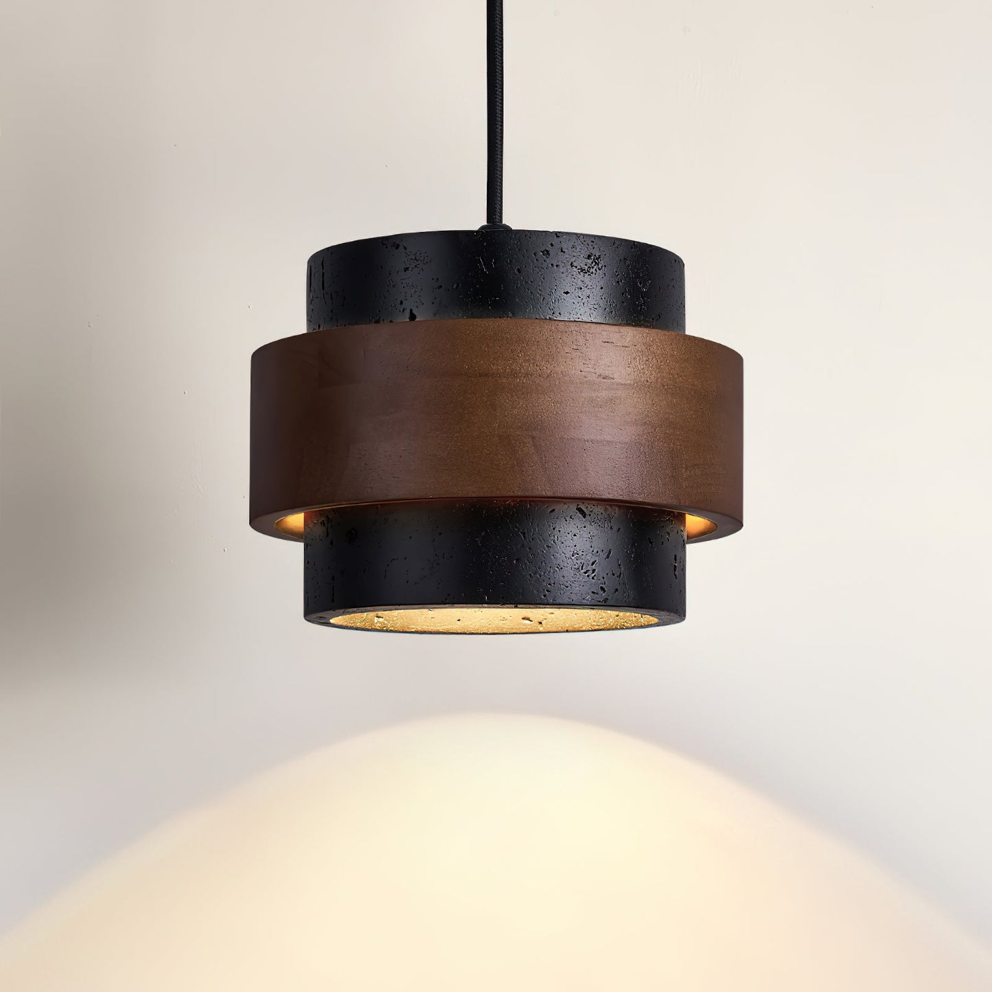 Modern Stone and Wood Pendant Light | Natural Travertine Ceiling Lamp