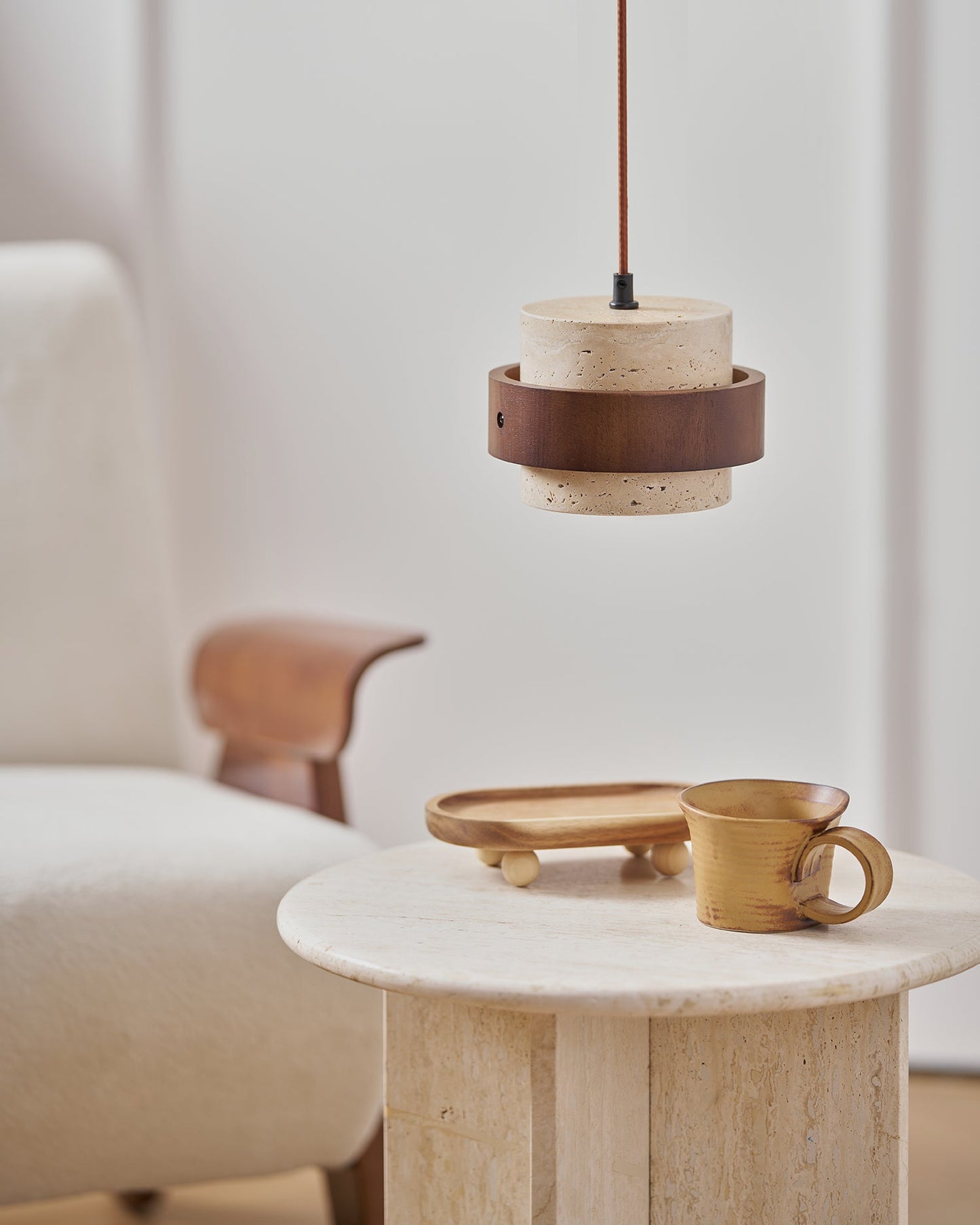 Modern Stone and Wood Pendant Light | Natural Travertine Ceiling Lamp