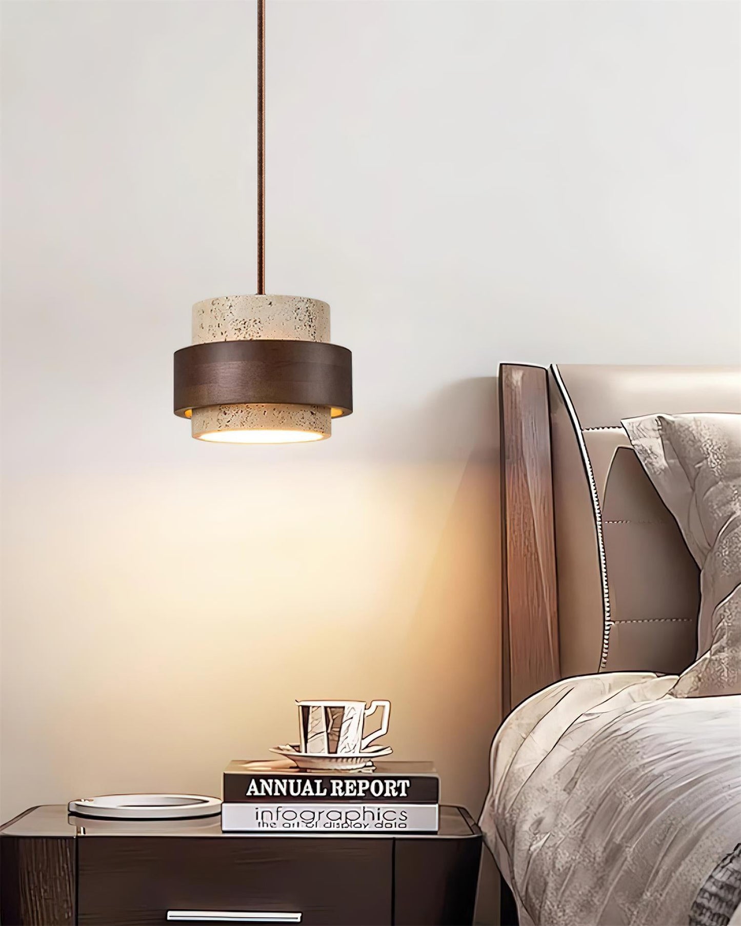 Modern Stone and Wood Pendant Light | Natural Travertine Ceiling Lamp