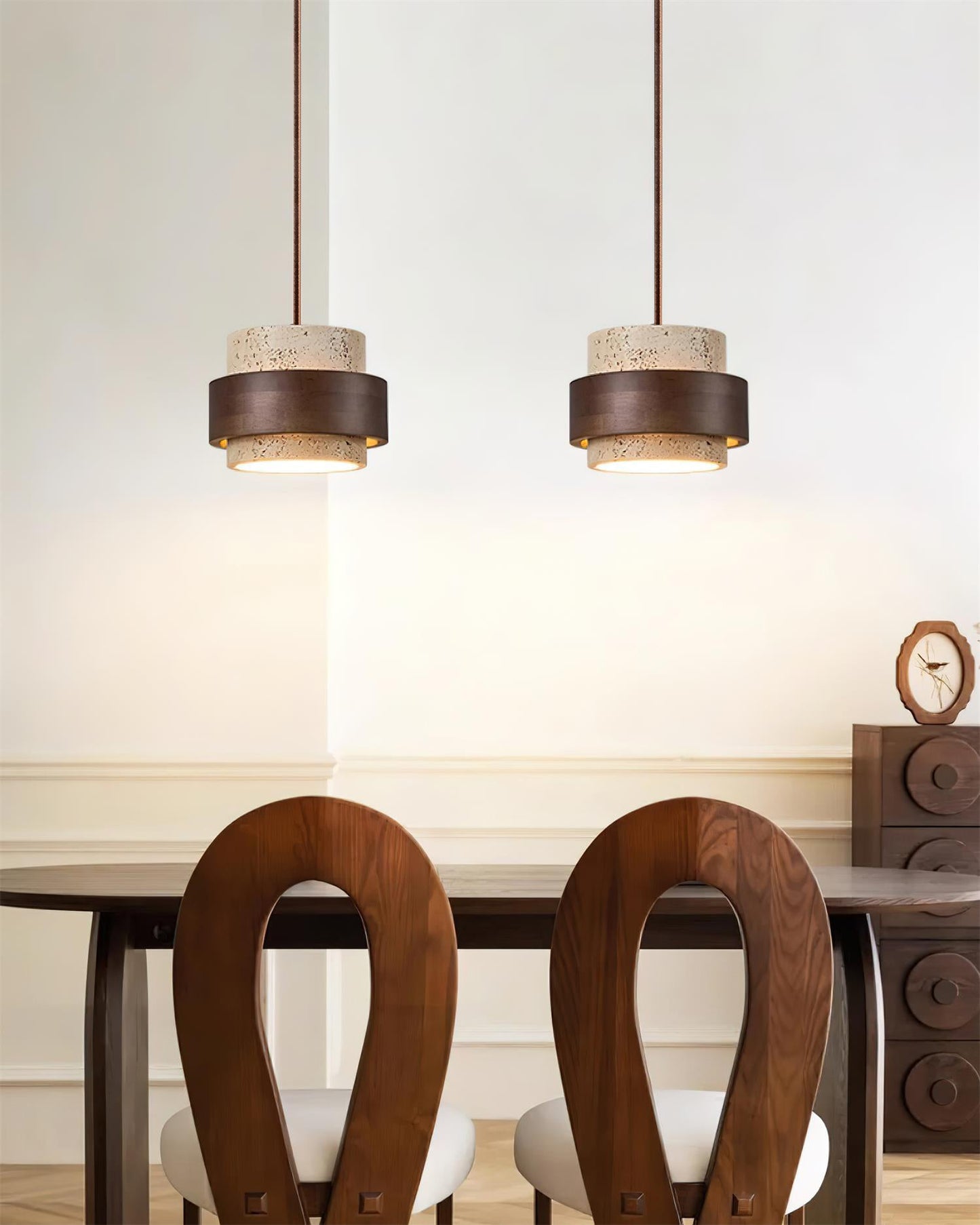 Modern Stone and Wood Pendant Light | Natural Travertine Ceiling Lamp