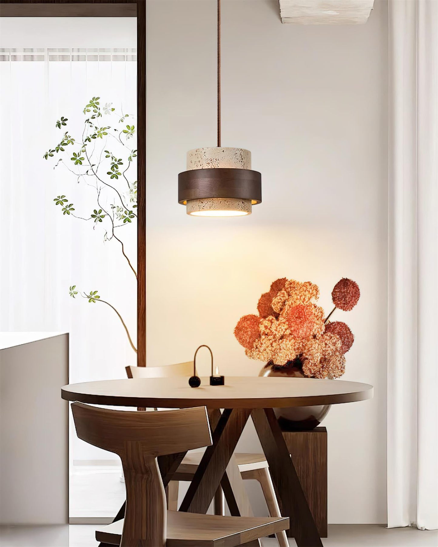 Modern Stone and Wood Pendant Light | Natural Travertine Ceiling Lamp