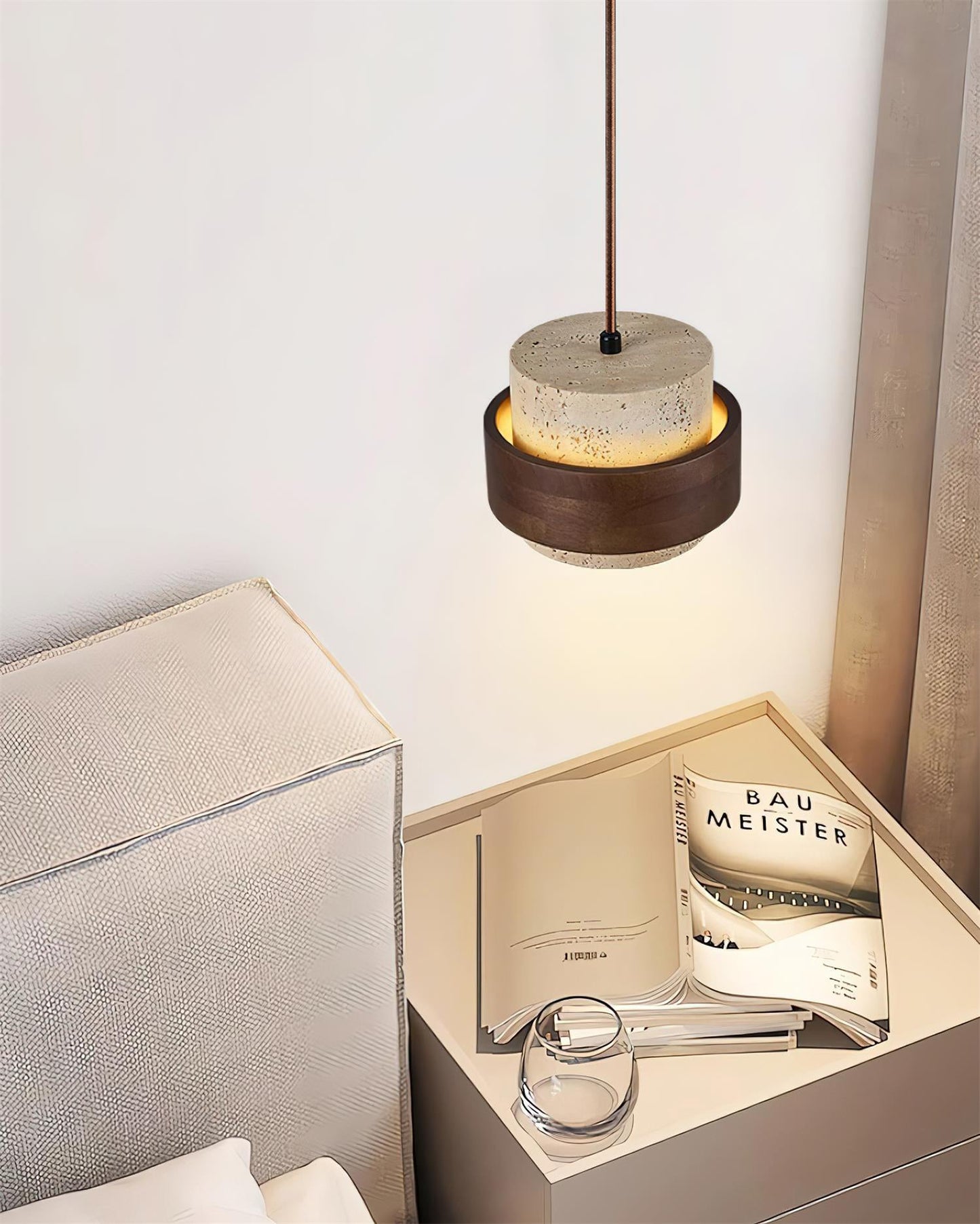 Modern Stone and Wood Pendant Light | Natural Travertine Ceiling Lamp