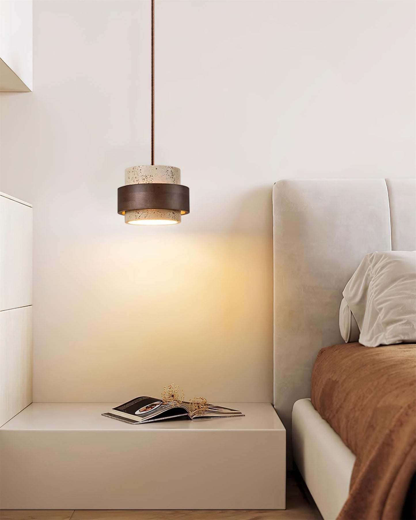 Modern Stone and Wood Pendant Light | Natural Travertine Ceiling Lamp