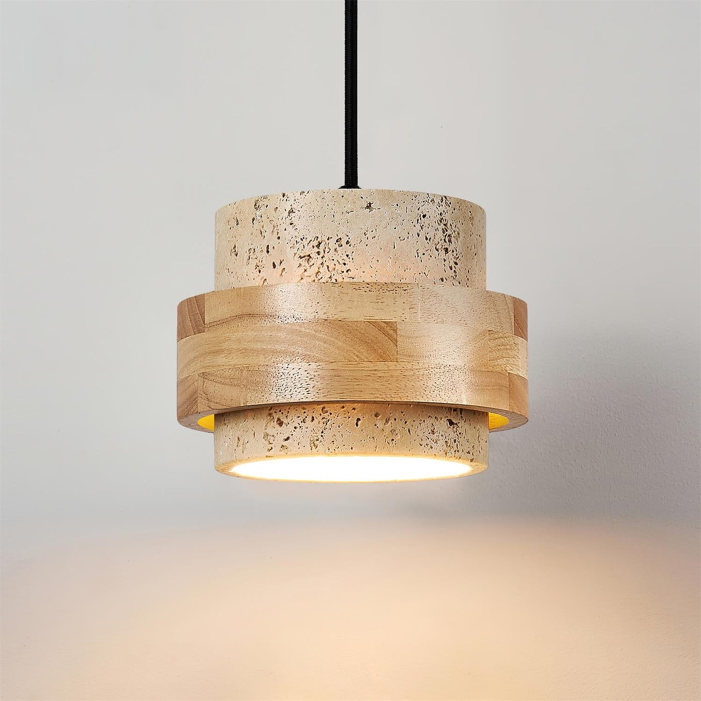 Modern Stone and Wood Pendant Light | Natural Travertine Ceiling Lamp