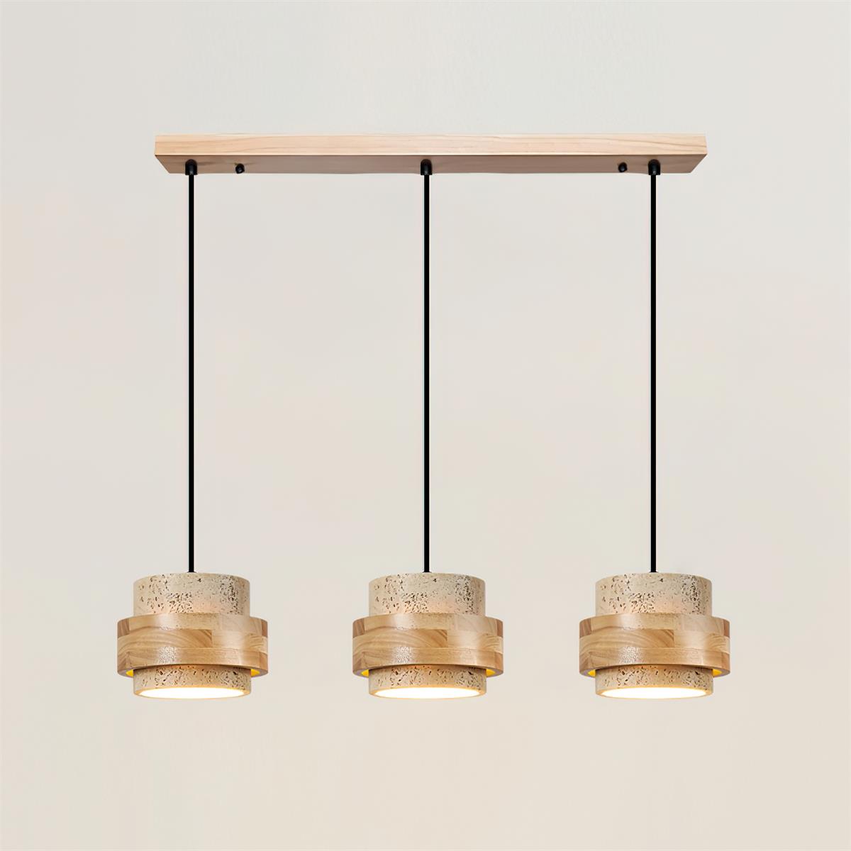 Modern Stone and Wood Pendant Light | Natural Travertine Ceiling Lamp