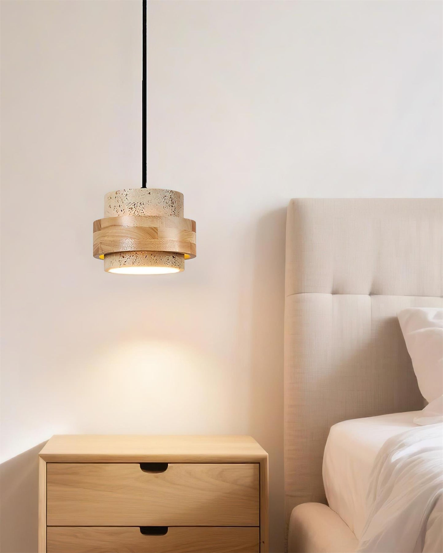 Modern Stone and Wood Pendant Light | Natural Travertine Ceiling Lamp