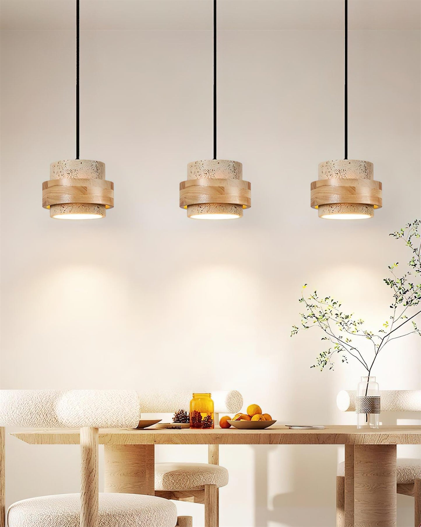 Modern Stone and Wood Pendant Light | Natural Travertine Ceiling Lamp