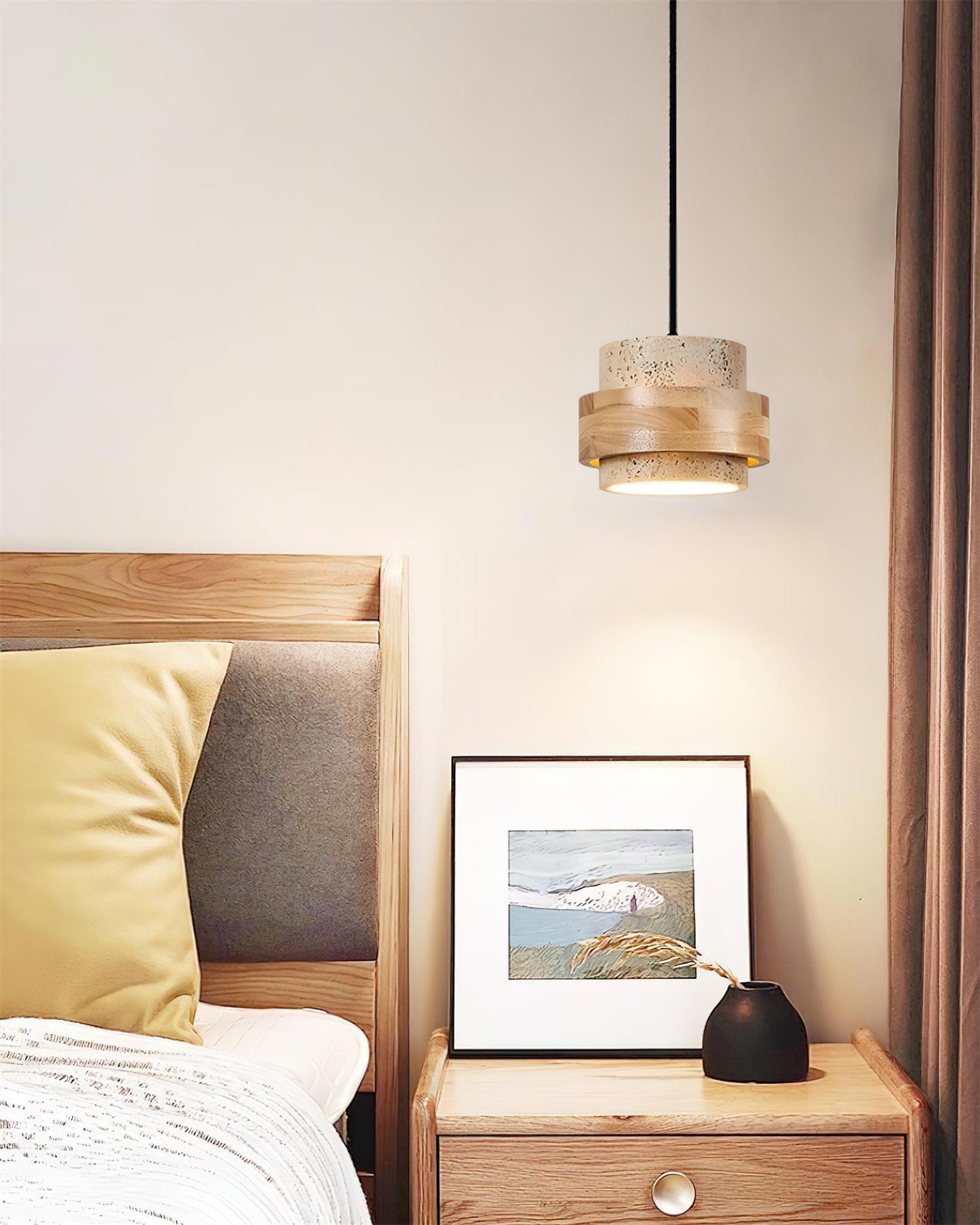 Modern Stone and Wood Pendant Light | Natural Travertine Ceiling Lamp