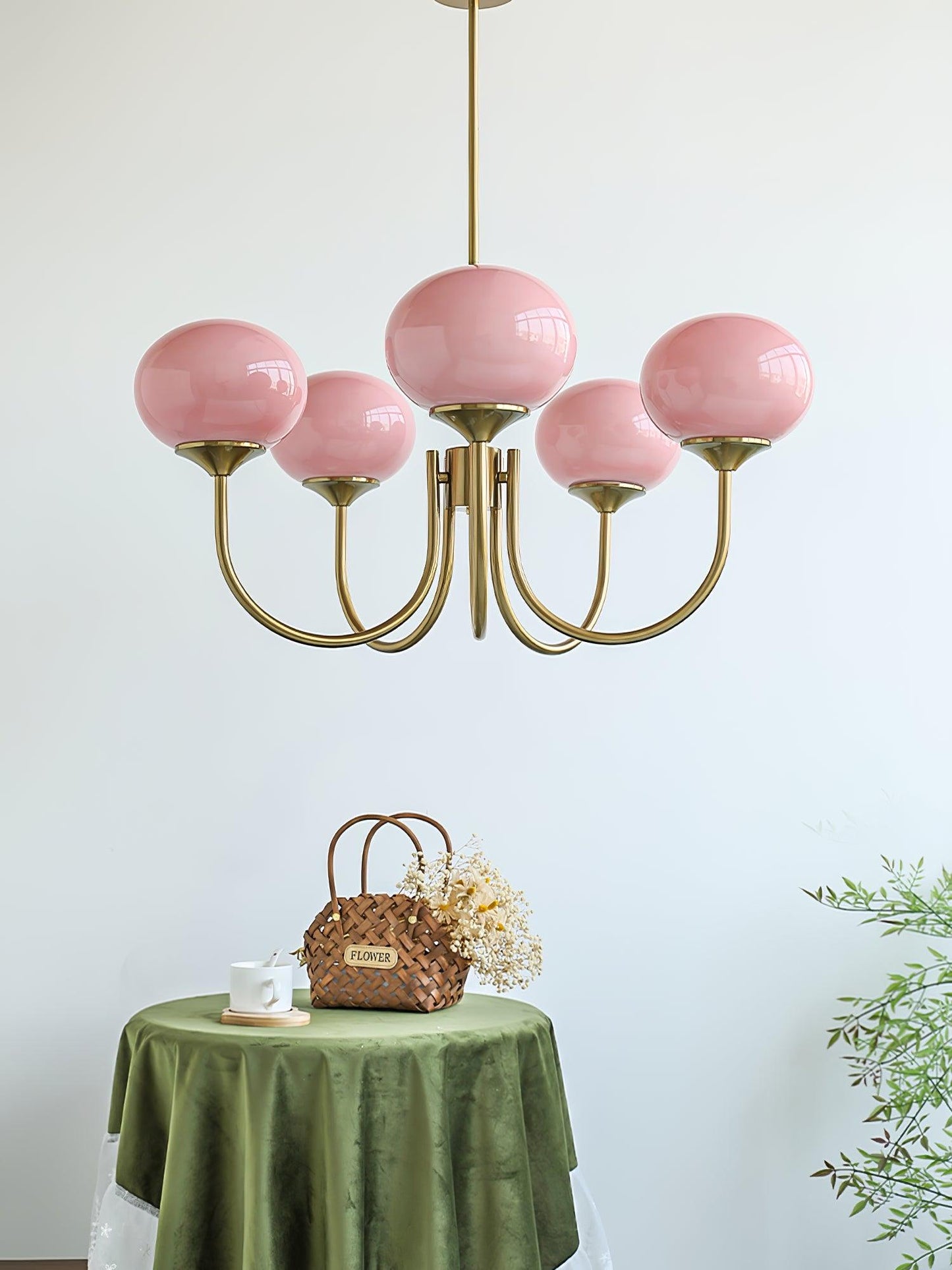 Modern Chandelier Ceiling Light with Pink Glass Shades | Decorative Dining Room Lamp