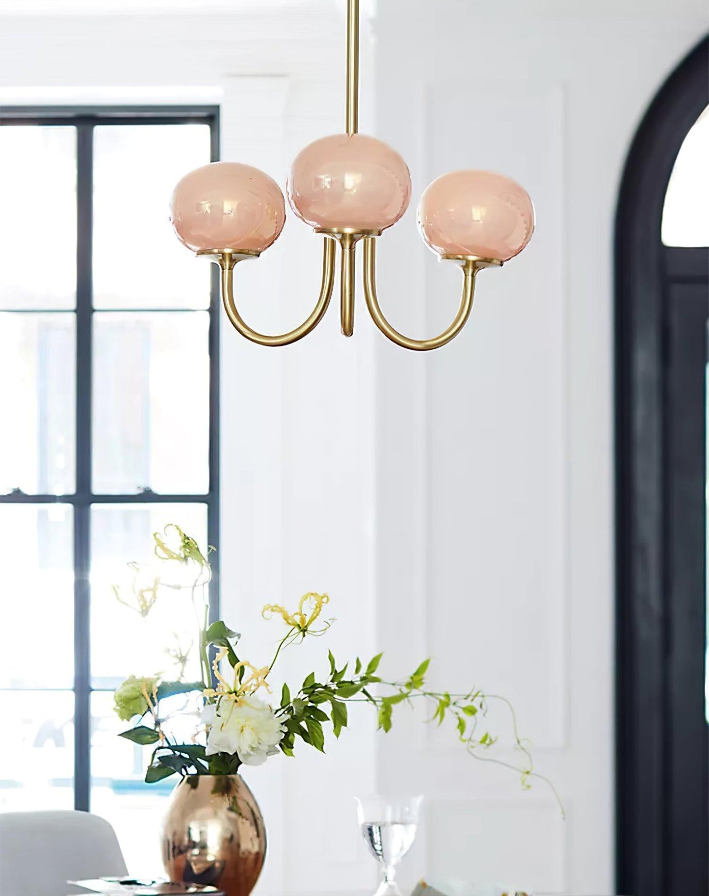 Modern Chandelier Ceiling Light with Pink Glass Shades | Decorative Dining Room Lamp
