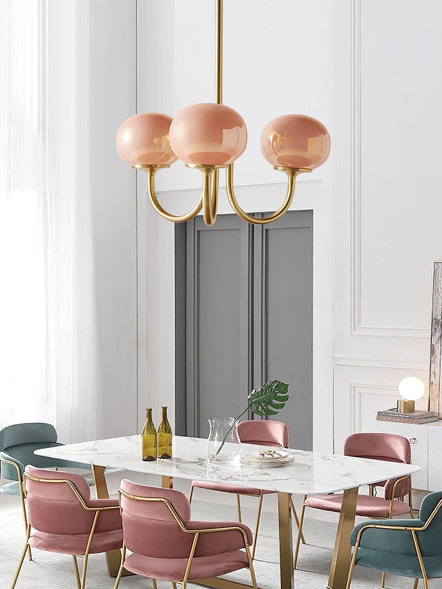 Modern Chandelier Ceiling Light with Pink Glass Shades | Decorative Dining Room Lamp