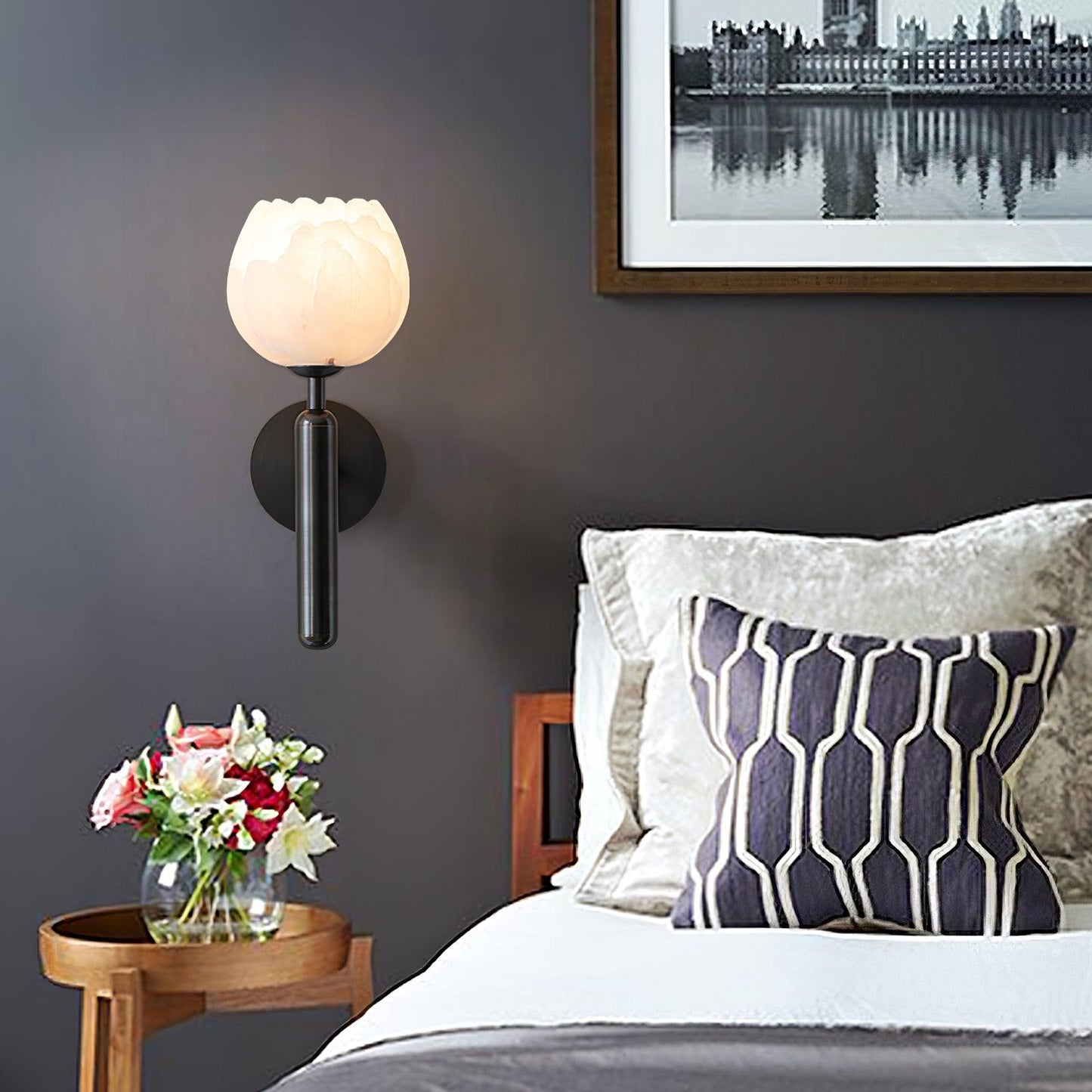 Alabaster Flower Wall Sconce | Elegant Bedroom and Living Room Wall Lamp