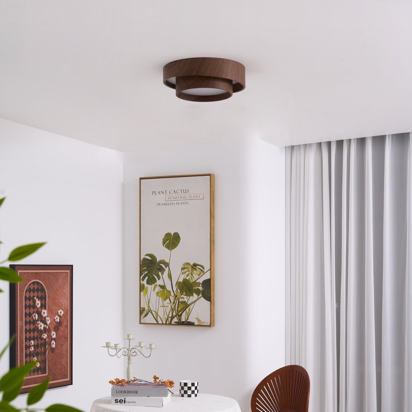 Modern Round Ceiling Light in Walnut Effect | Flush Mount LED Ceiling Lamp
