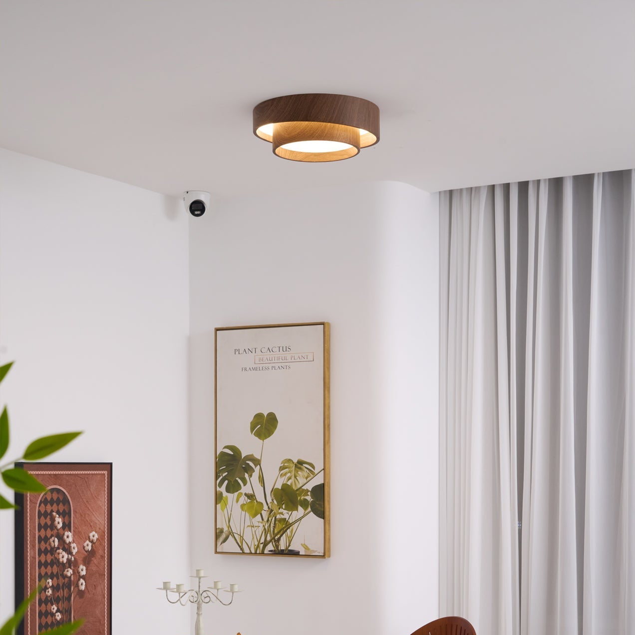 Modern Round Ceiling Light in Walnut Effect | Flush Mount LED Ceiling Lamp