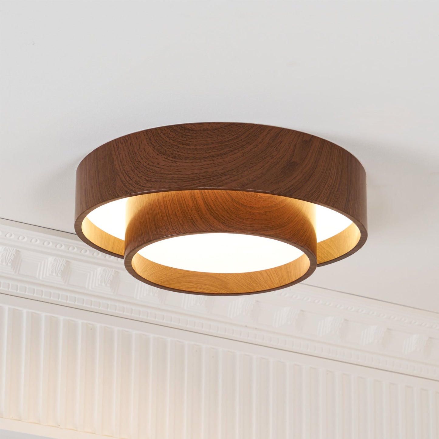 Modern Round Ceiling Light in Walnut Effect | Flush Mount LED Ceiling Lamp