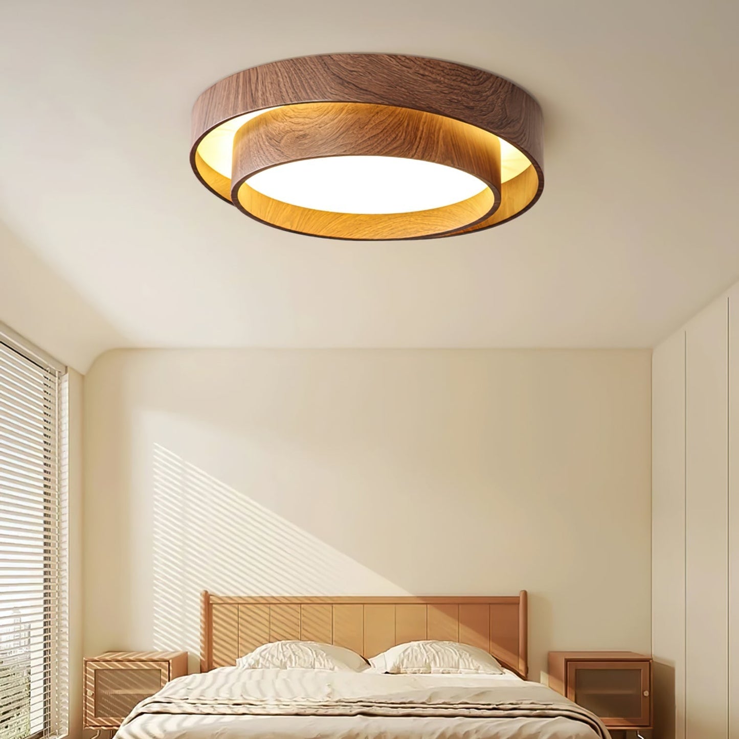 Modern Round Ceiling Light in Walnut Effect | Flush Mount LED Ceiling Lamp