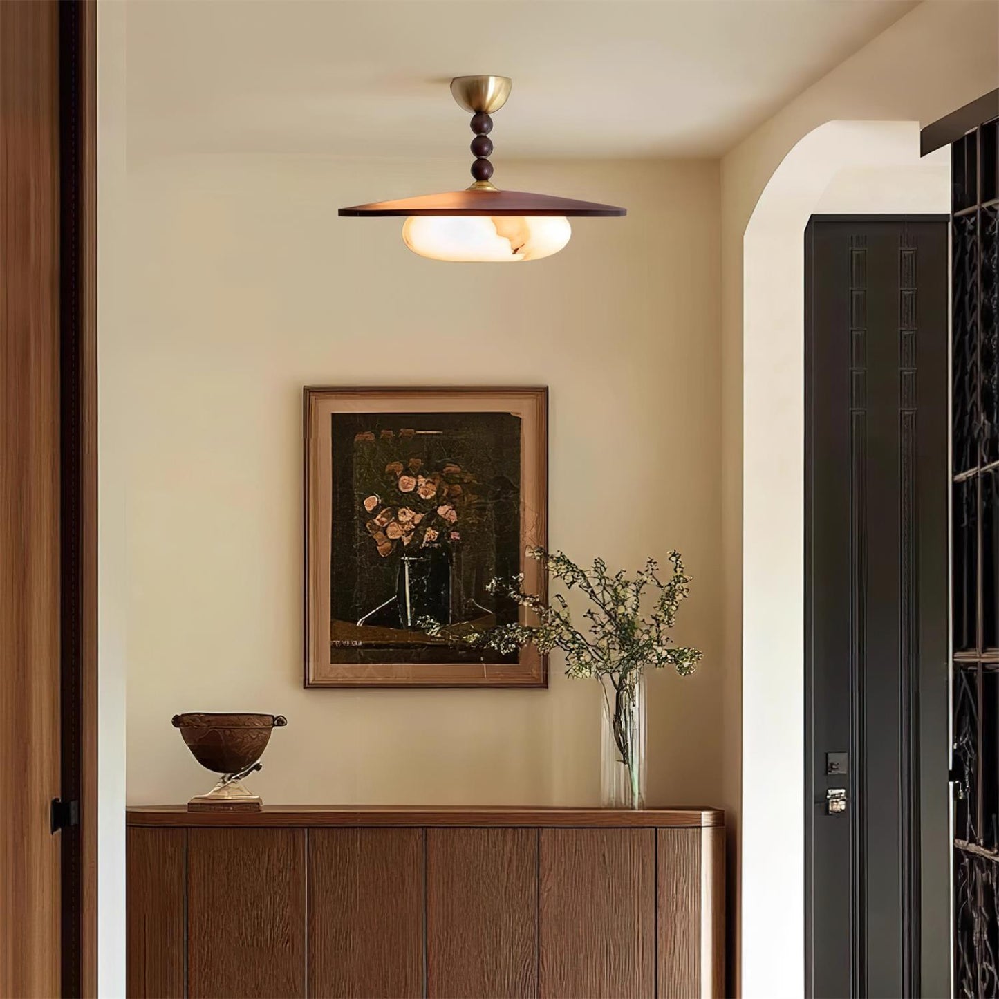 Modern Wood and Alabaster Ceiling Light | Elegant LED Lamp for Dining or Living Room