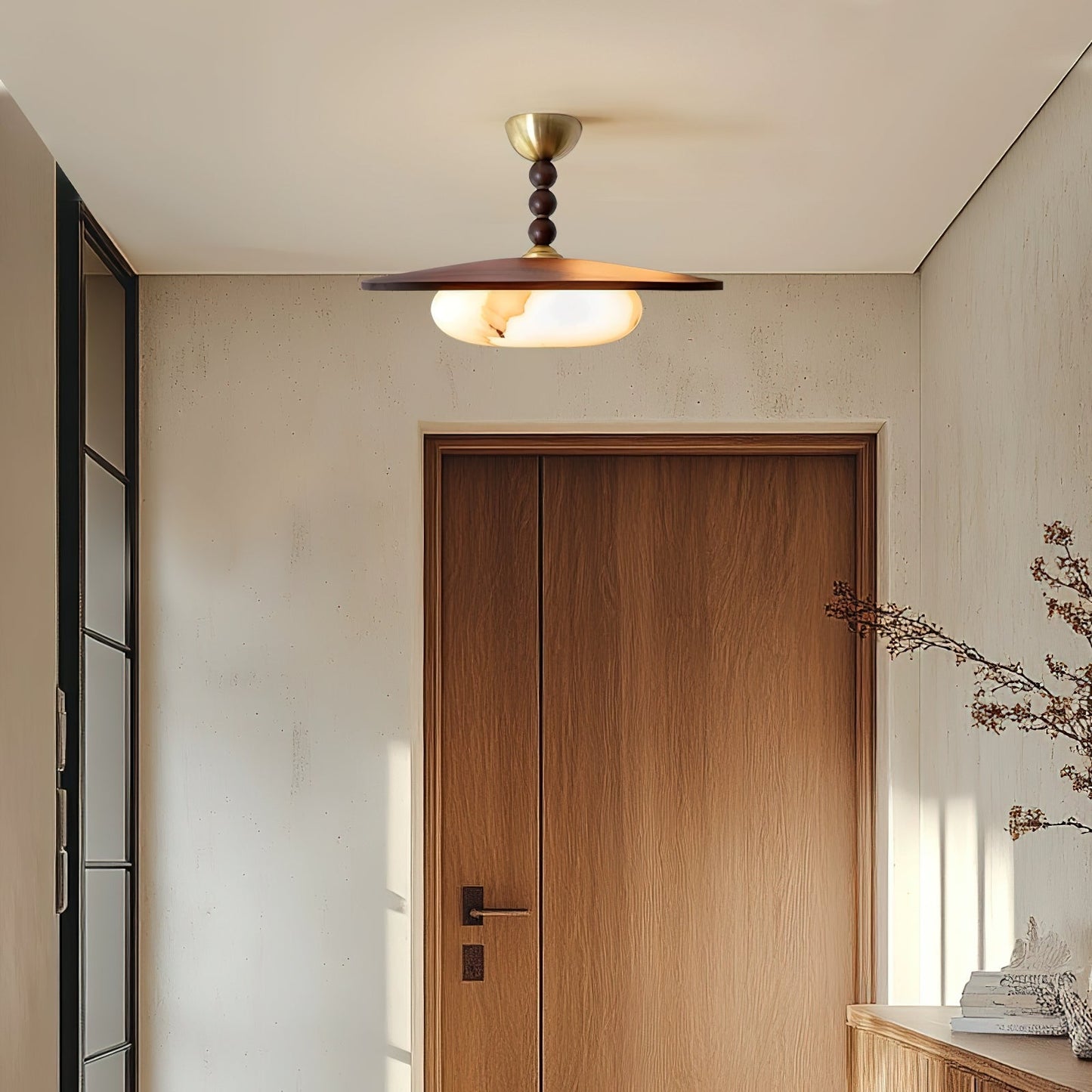 Modern Wood and Alabaster Ceiling Light | Elegant LED Lamp for Dining or Living Room