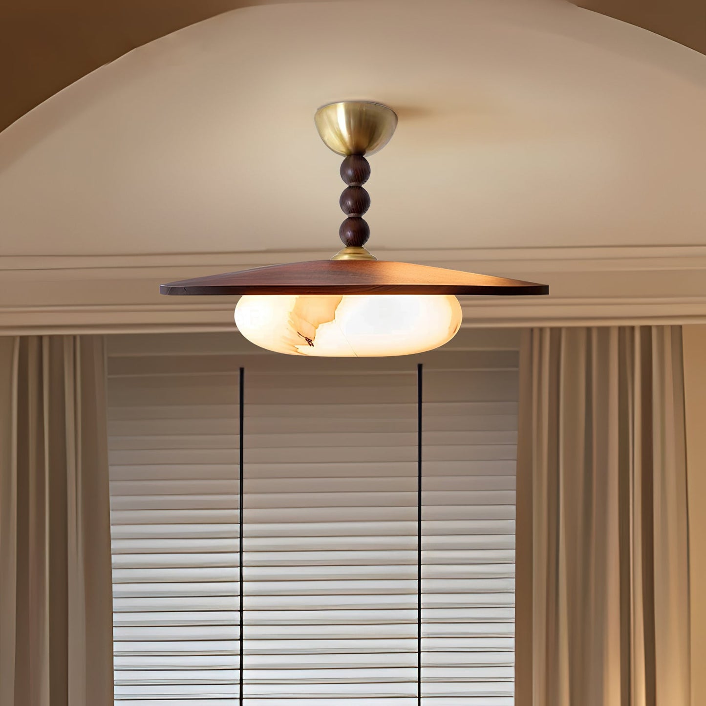 Modern Wood and Alabaster Ceiling Light | Elegant LED Lamp for Dining or Living Room