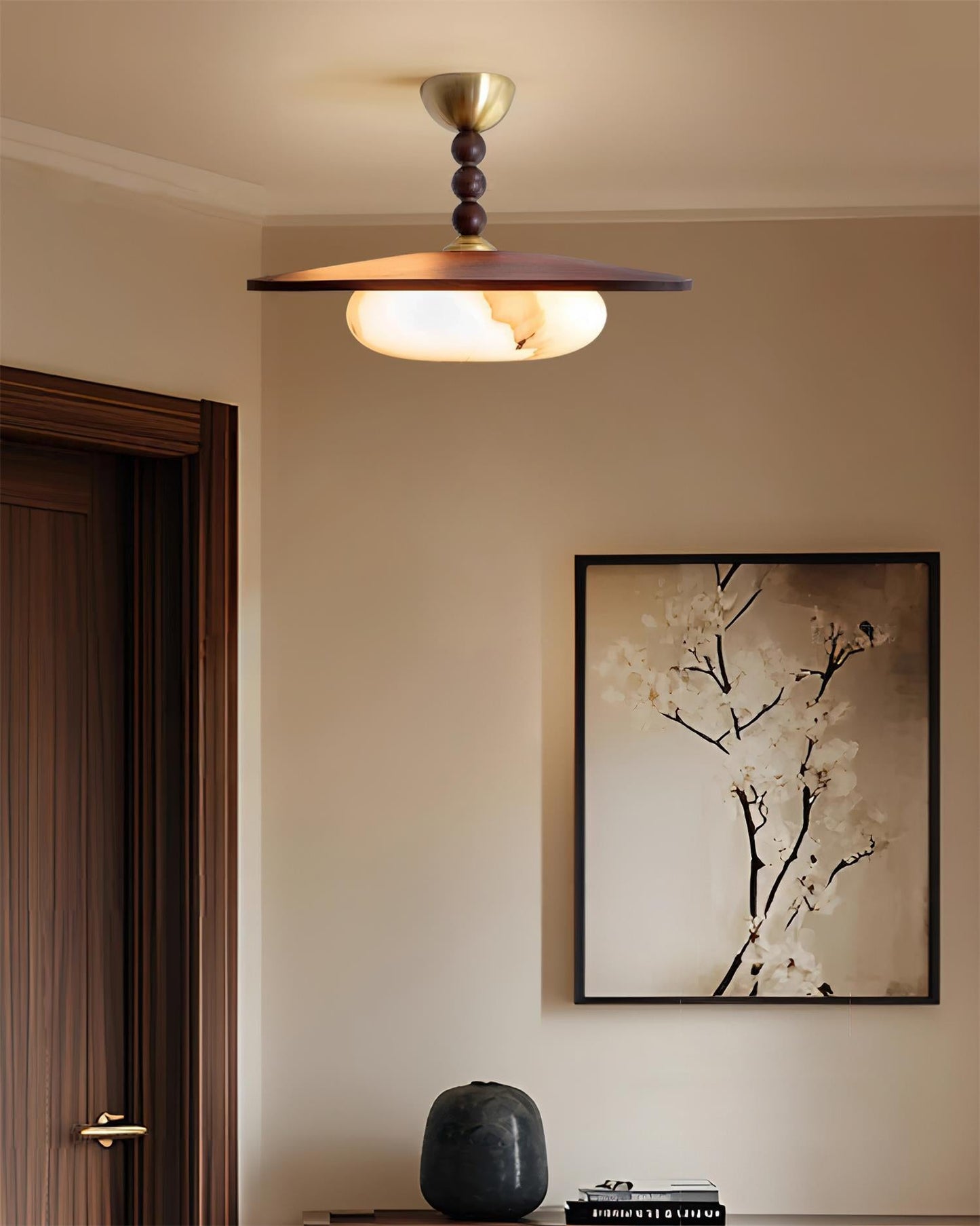 Modern Wood and Alabaster Ceiling Light | Elegant LED Lamp for Dining or Living Room