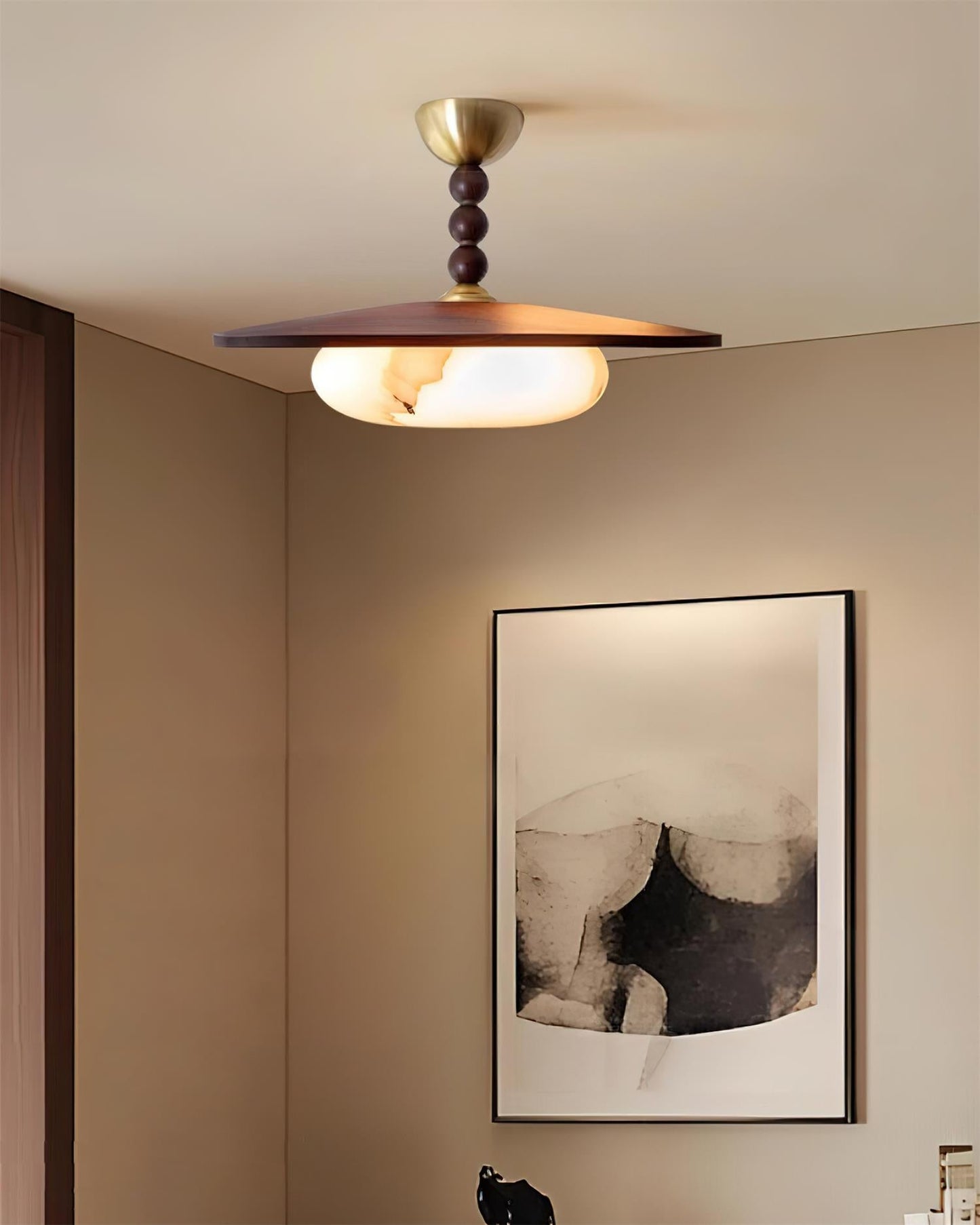 Modern Wood and Alabaster Ceiling Light | Elegant LED Lamp for Dining or Living Room