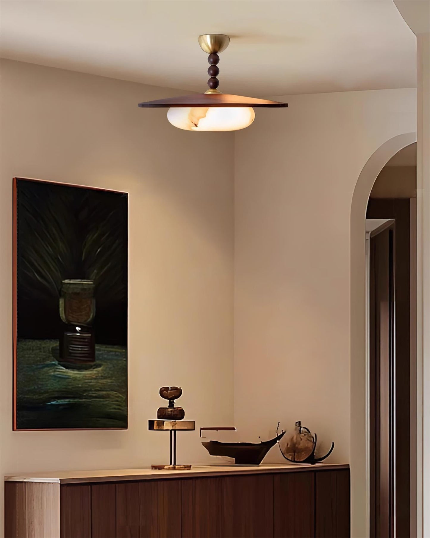 Modern Wood and Alabaster Ceiling Light | Elegant LED Lamp for Dining or Living Room