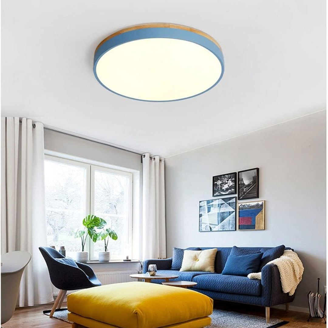 Round LED Ceiling Light with Wood Finish | Modern Bedroom Living Room Lamp